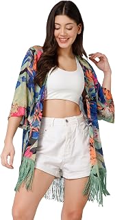 PURYS Women Kimono Shrug | Tropical Print Beach Cover Up | Lightweight Fringed Summer Layering Shrug for Dresses & Tops Price In India