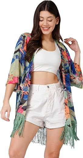 PURYS Women Kimono Shrug | Tropical Print Beach Cover Up | Lightweight Fringed Summer Layering Shrug for Dresses &amp; Tops