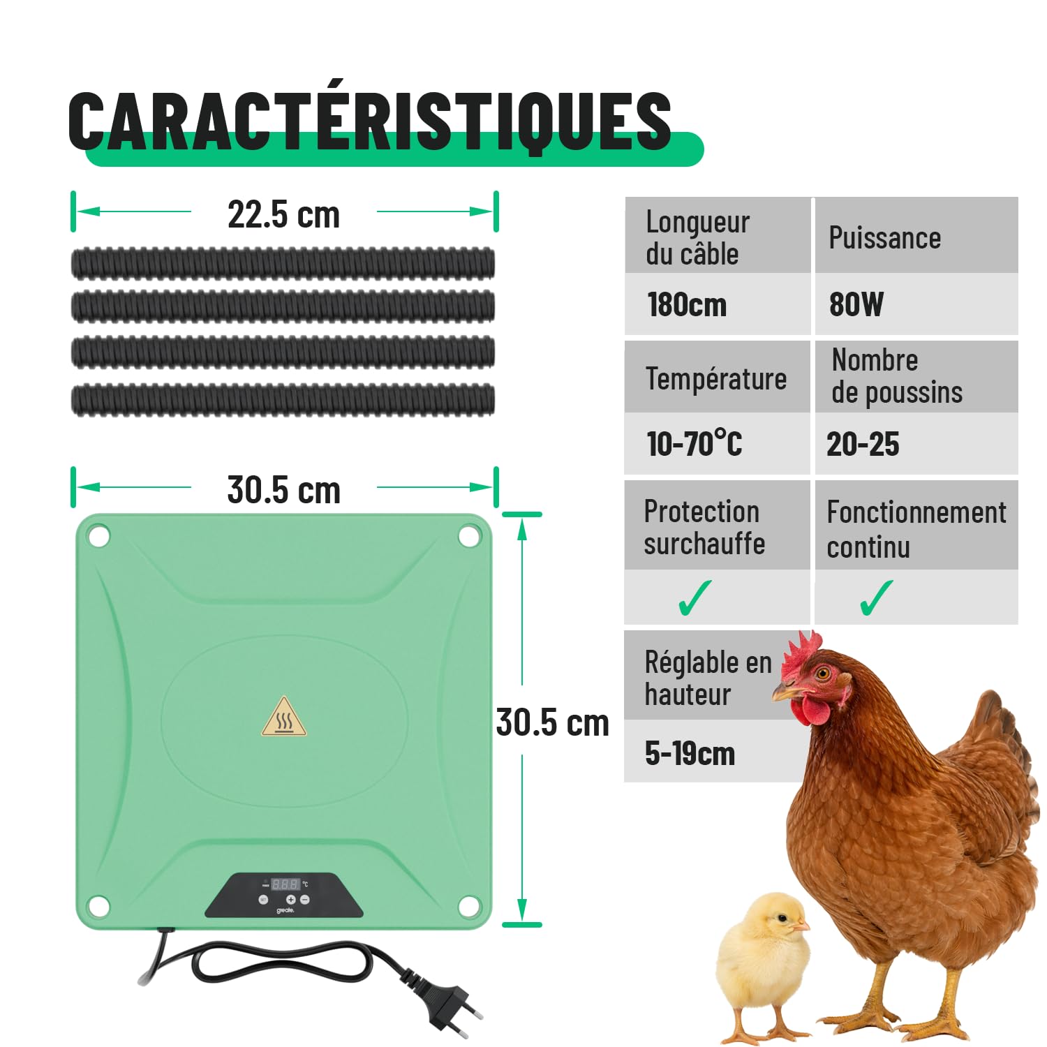 greate Plaque Chauffante Poussin 80 W réglable 10-70 °C avec écran LED - Panneau Chauffant Poussin hauteur réglable 30 x 30 cm - Plaques Chauffantes Abreuvoirs | Plaque chauffante pour poussin - Hauteur réglable de 10 à 70 °C - Avec affichage LED - Plaque