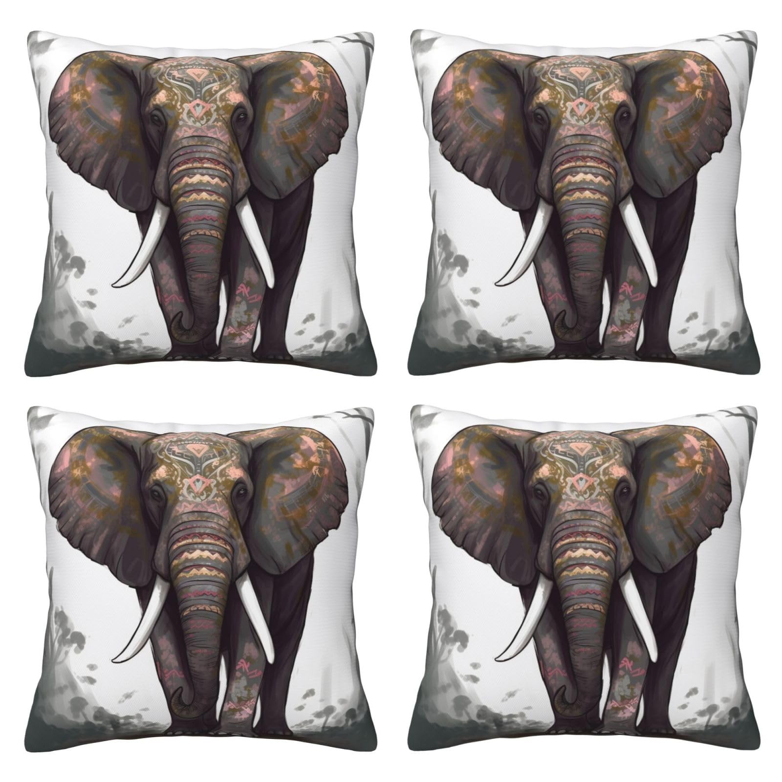 Elephant print Throw Pillow Cases 4 Pack Square Pillowcases Super Soft Pillow Protectors With Zipper for Couch Livingroom Sofa Bed Office Car,30x30 CM