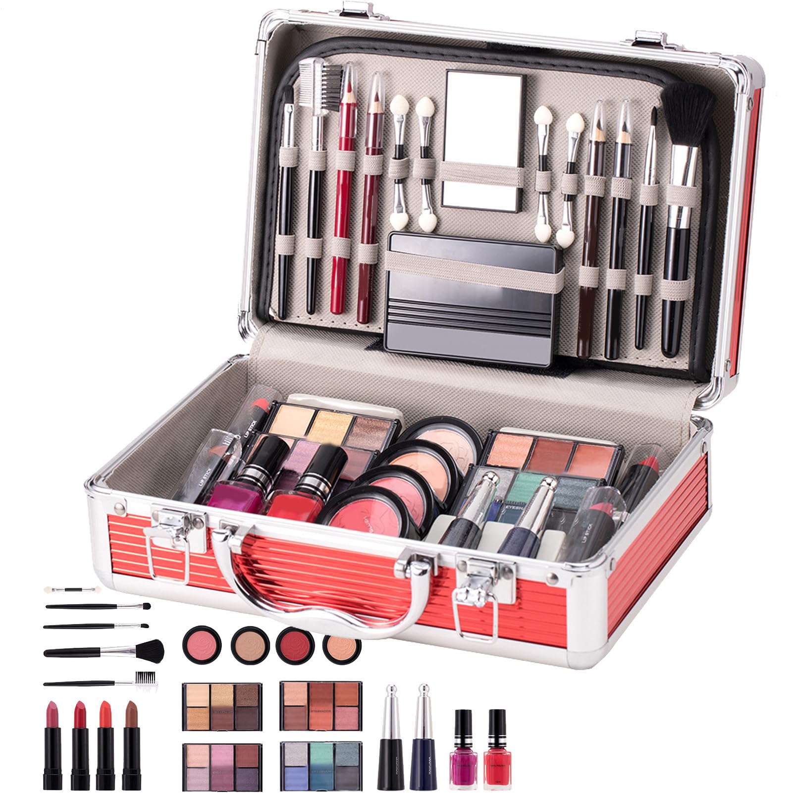 Set per trucco per ragazze adolescenti, custodia multifunzionale | per ombretto, fard, per sopracciglia, rossetto, unghie, pennello per sopracciglia con custodia