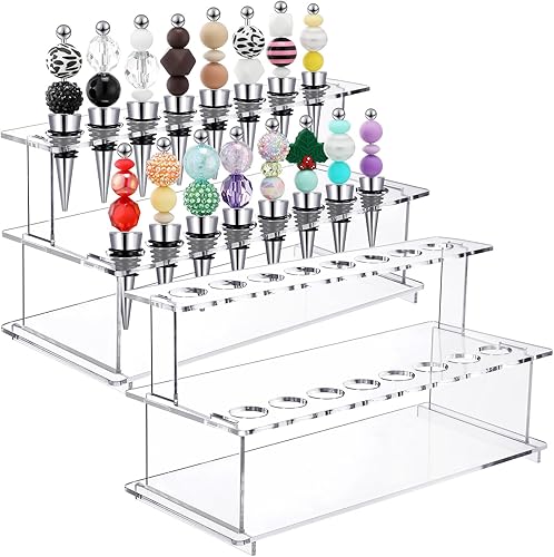 Menkxi 2 tapones para botellas de vino, escaleras, 16 ranuras, acrílico transparente, 2 niveles, soporte para tapón de vino, soporte de exhibición