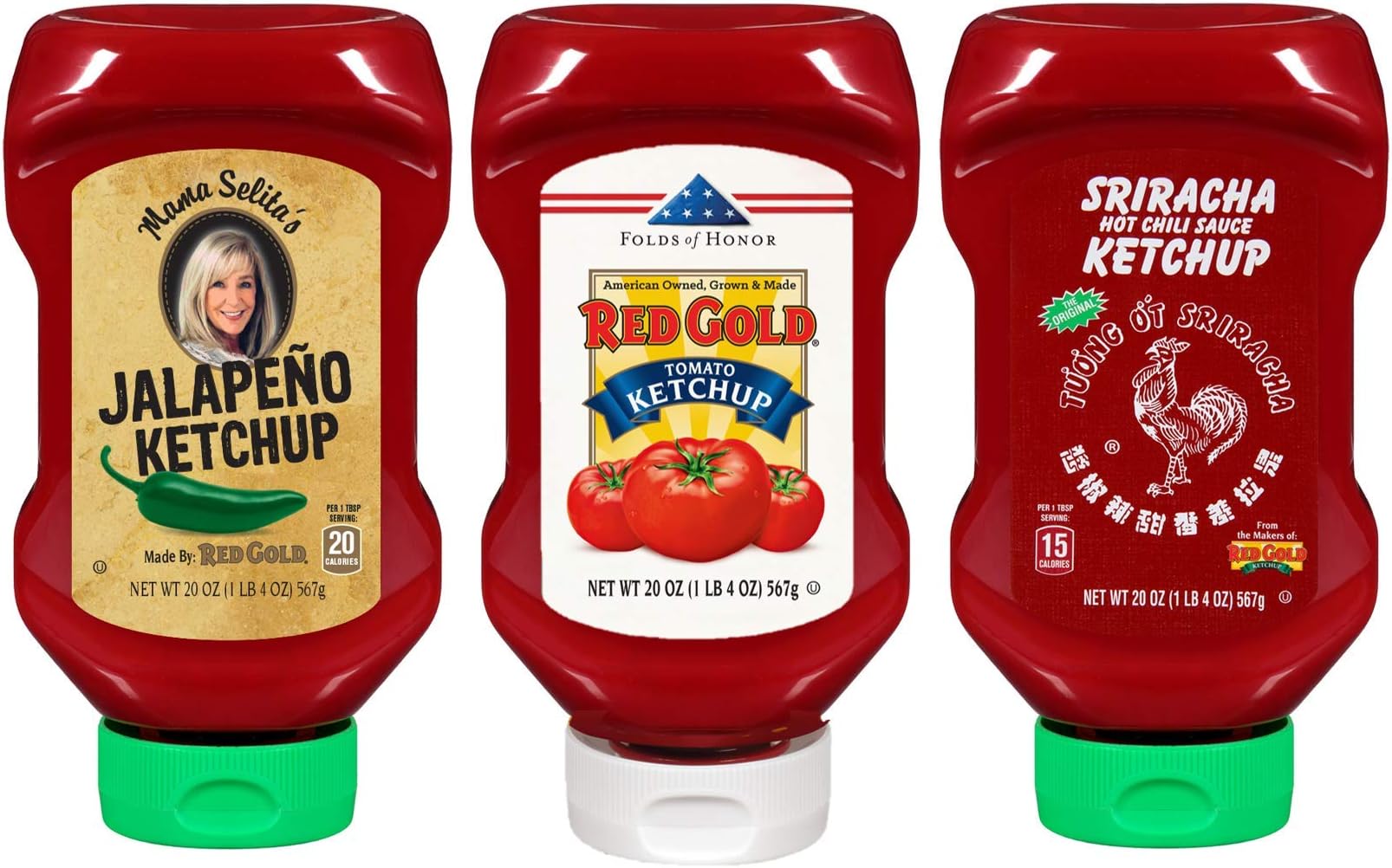 Red Gold Variety Pack - Jalapeno Ketchup, Sriracha Ketchup and Red Gold Ketchup, 20oz Bottles (Pack of 3)