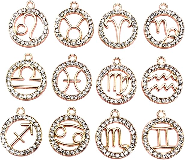 24pcs 12 Zodiac Constellation Rhinestone Charms Pendants Crystal Constellation Necklace Pendants Light Gold Alloy Metal Bracelet Keychain Charms 18x21mm for Bag Jewelry Making