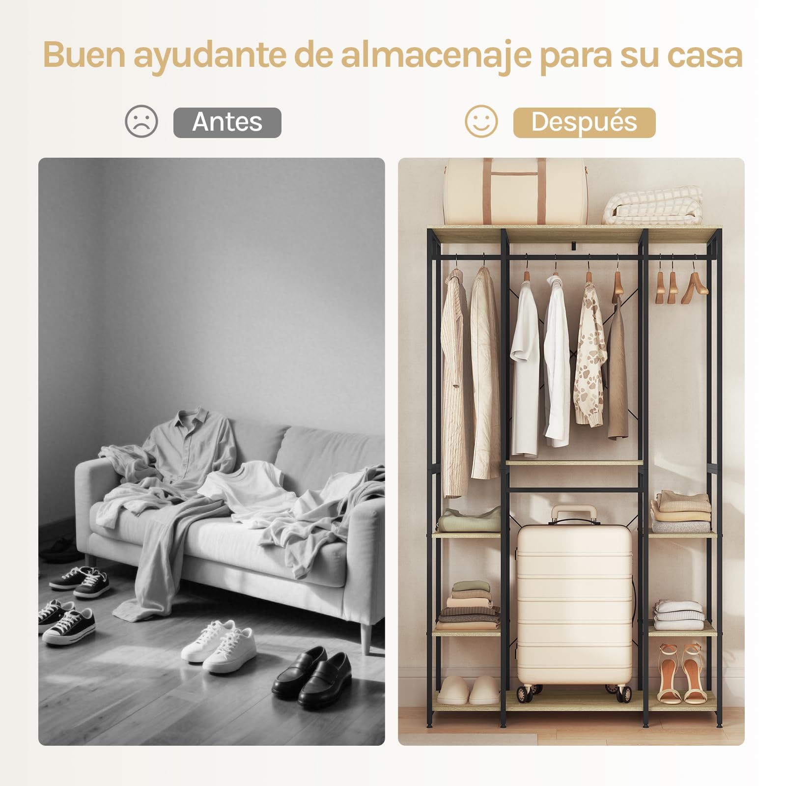 WOLTU Perchero Armario Burro Ropa Perchero Zapatero con 6 Estante Multiusos Fuerte Metal y Madera de Estilo Industrial Roble Claro+Negro