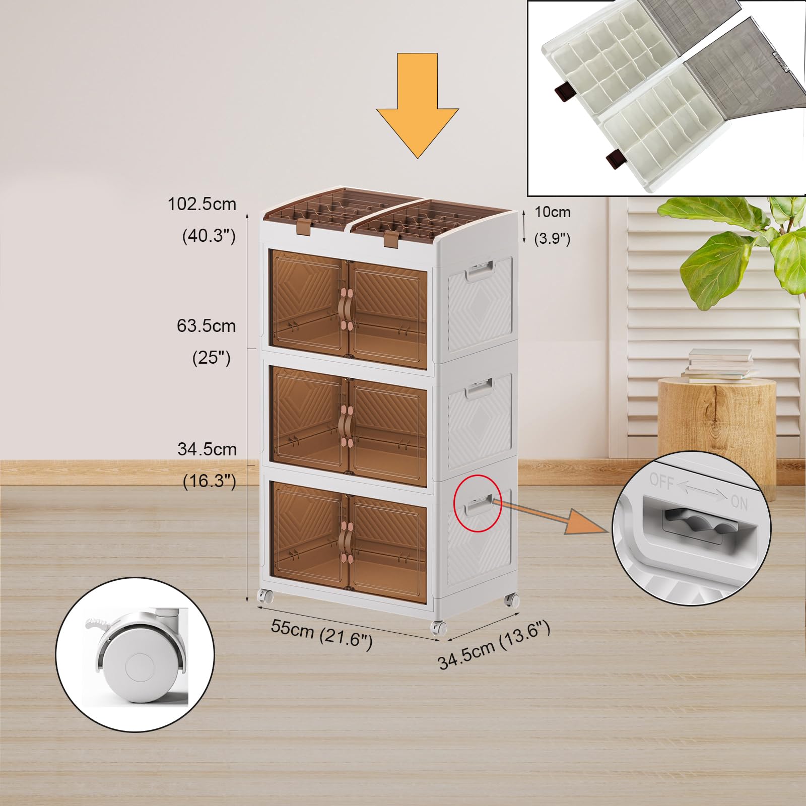 Caja de almacenamiento de plástico con tapa, organizador de armario plegable de 166 L, unidad de almacenamiento apilable con ruedas, cubos de almacenamiento con puerta de apertura para cocina, baño,