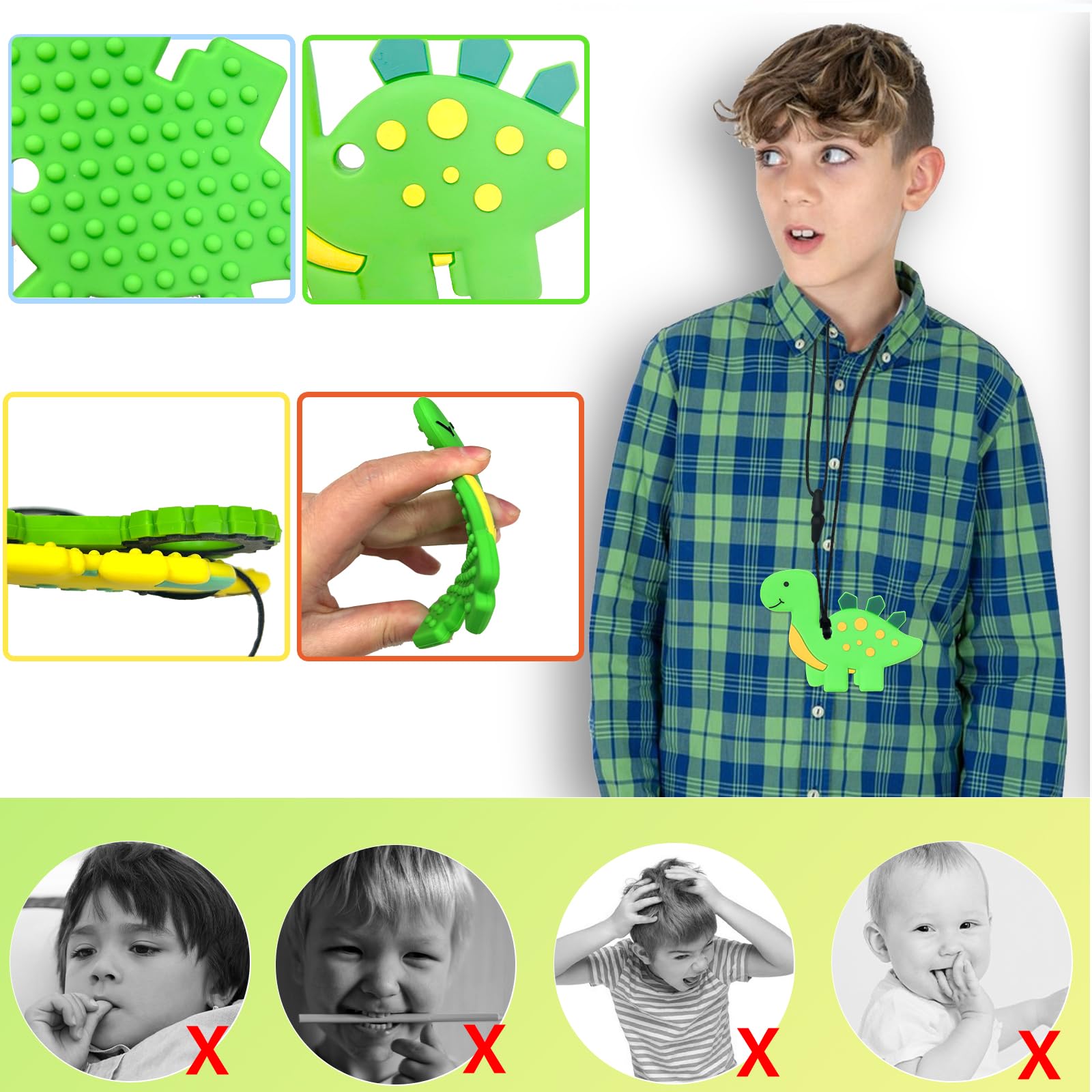 Collane da masticare per bambini sensoriali, giocattoli masticabili a forma di dinosauro in silicone per ragazzi con autismo, ADHD, SPD, collane da masticare per ansia, ridurre l'agitazione per i