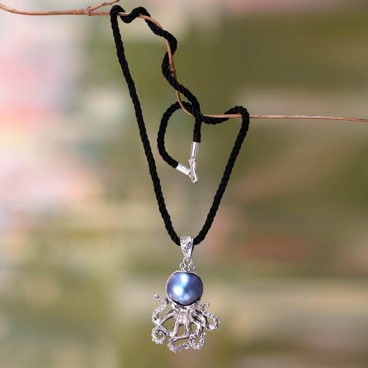 NOVICA Artisan Crafted Sterling Silver Cultured Freshwater Pearl Pendant Necklace | Silk Cord Dyed Blue Birthstone | Animal Themed | Lobster Clasp | Indonesia 'Blue Octopus' 2.3" L x 1.4" W x 0.5" D - Image 2