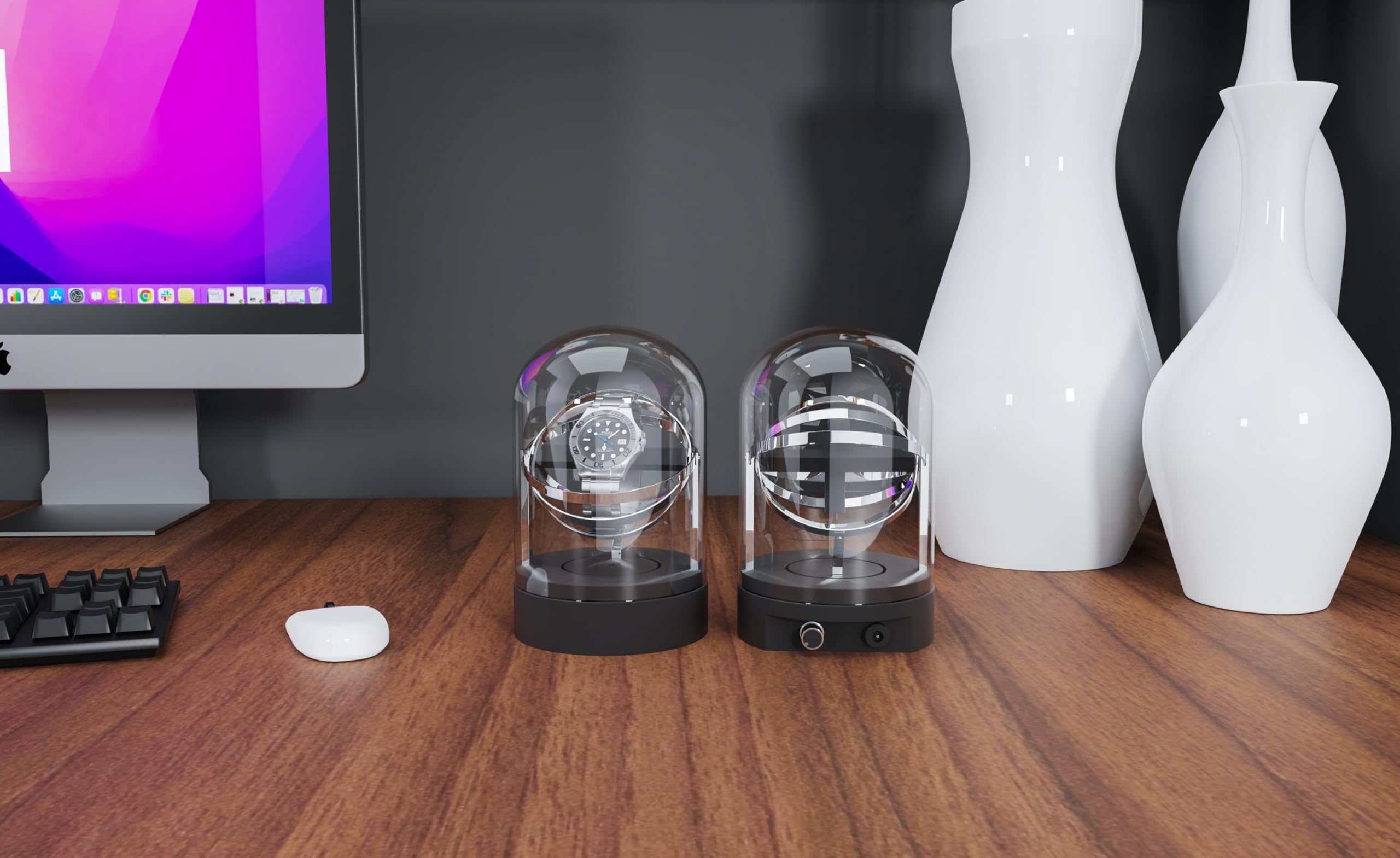 Elestoria Remontoir de montre Orbit - Remontoir de montre automatique avec couvercle en verre | Moteur silencieux, rotation gyroscope, boîte de remontoir mécanique de luxe, Argenté, Rétro