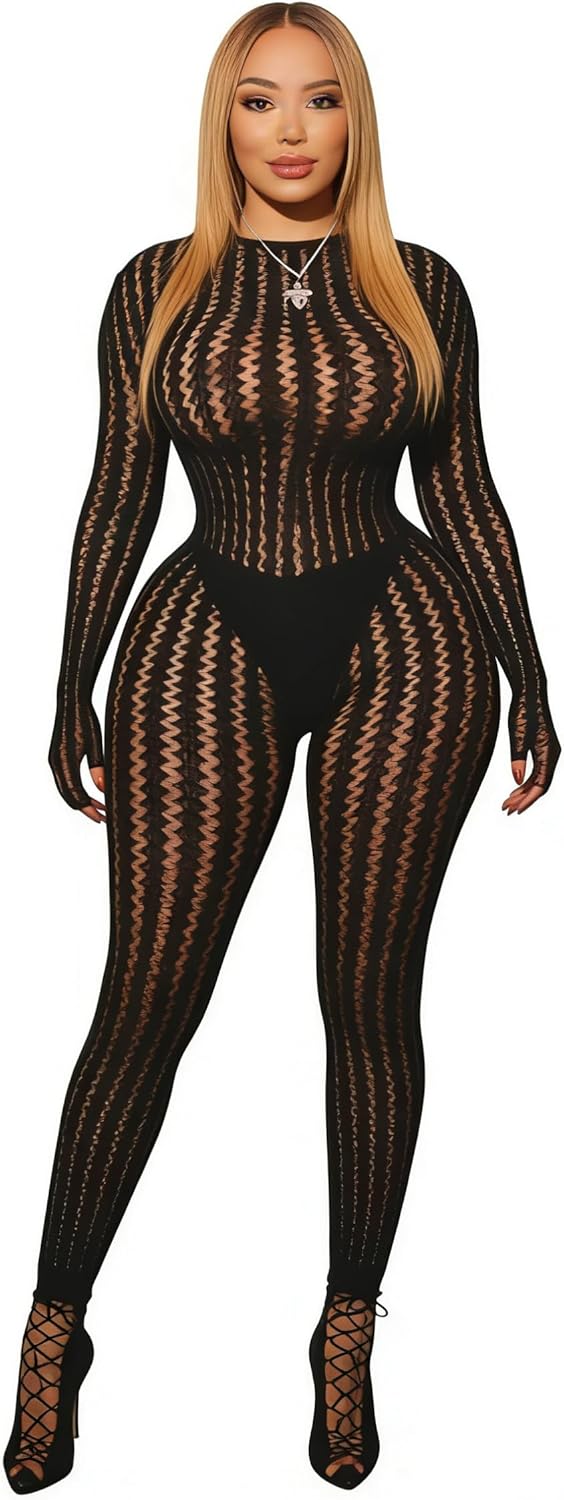 Bodystocking for Women Long Sleeve See Through Jumpsuits Sexy Rave Oufits Clubwear