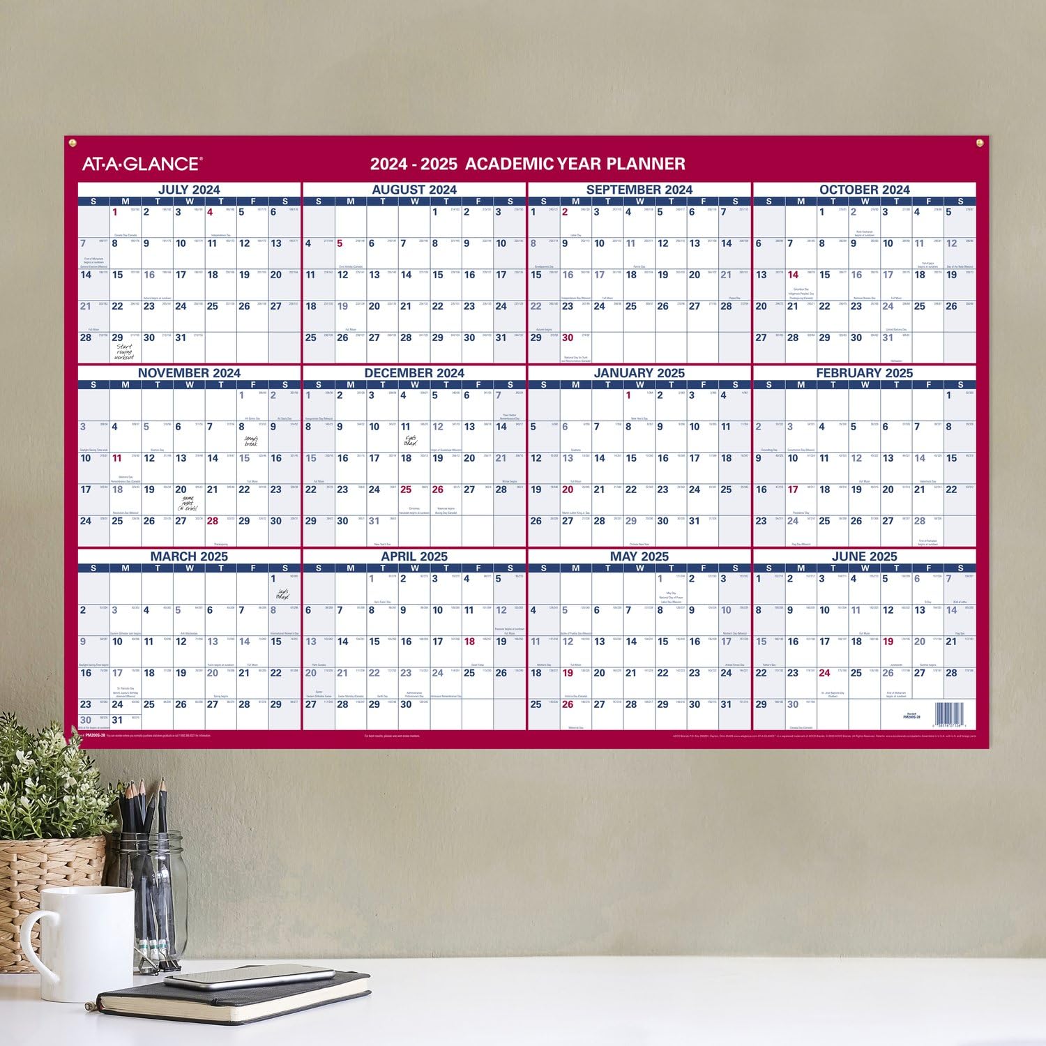 Grand Calendrier Mural Effaçable 2025 - Planificateur Annuel Avec 4 Marqueurs Et Tampons De Montage Inclus