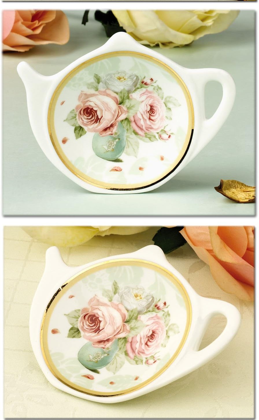 White Porcelain Ceramic with Flower Trim Gold Rim Teapot-Shaped Tea Bag Holder Tea Bag Coasters, Spoon Rests; Classic Tea Saucer Seasoning Dish Set