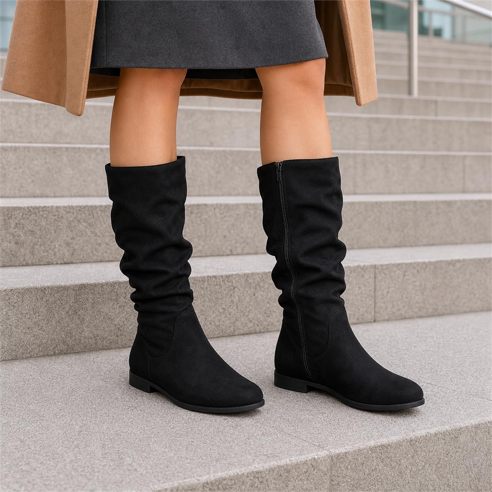 Stiefel Damen Wildlederoptik Slouchy-Stiefel Midihochschaft Flachabsatz mit Seitereißverschluss Alltag Freizeit 36-43 EU