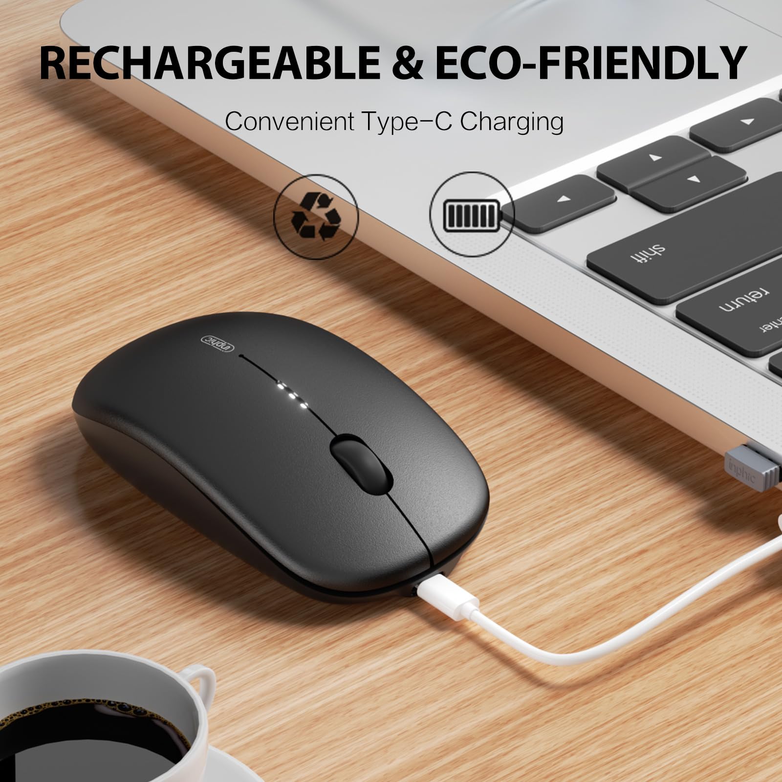 INPHIC M1 Mouse Bluetooth Portatile, Mouse Wireless Tri-Modo (BT1/BT2+2.4G) Ricaricabile con Riposo Pollice | Indicator Batteria Visibile | Slim e Leggera per PC/Laptop/Computer