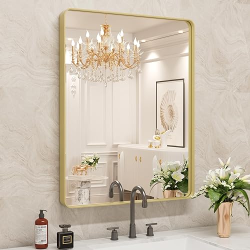 WEER Espejo de baño dorado, 24 x 36 pulgadas, marco de metal dorado cepillado, espejo rectangular redondeado de baño dorado para pared, vidrio