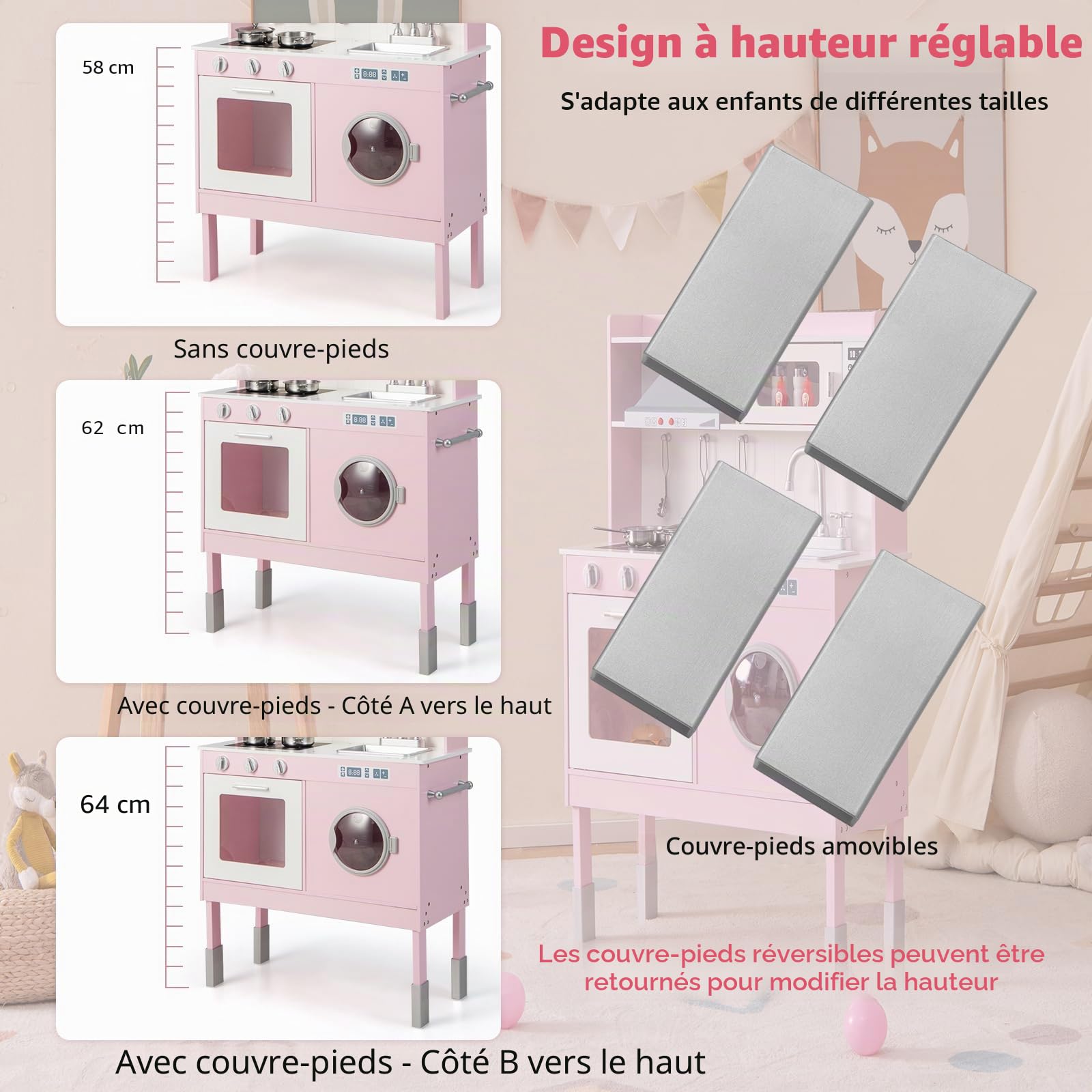 HOMASIS Cuisine jouet avec hauteur réglable, hotte, micro-ondes et téléphone, sons et lumières, cuisine de jeu en bois pour enfants de 3 ans et plus, rose (71 x 29 x 101 cm)