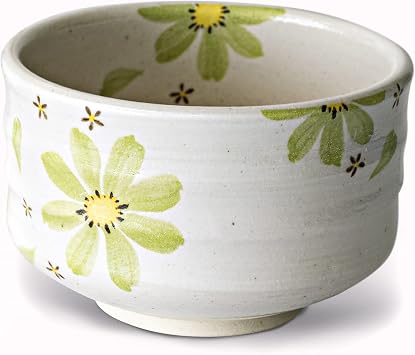 aprikalife - Traditional Japanese Matcha Tea Bowl, Handcrafted Ceramic, Tea Ceremony Cup, White Glaze with Green Flowers
