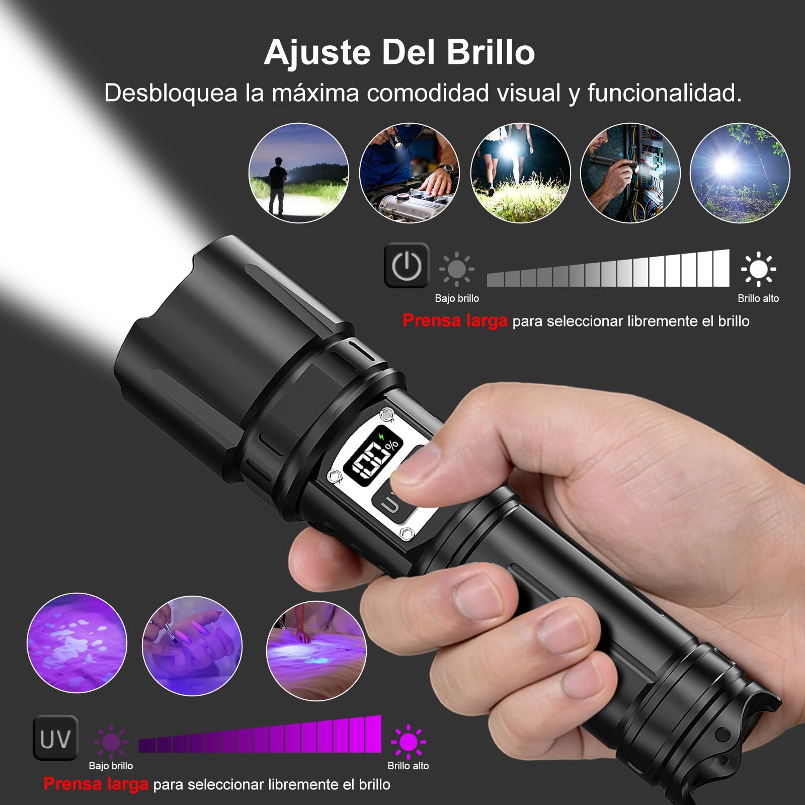 Shadowhawk 2-En-1 Linterna LED Alta Potencia Interruptor Doble 1000000 LM | Ajustar Del Brillo,Linterna Super Potente,Hasta 1000m,Luz Linterna UV para Camping/Emergencias/Detección De Orina De Mascotas