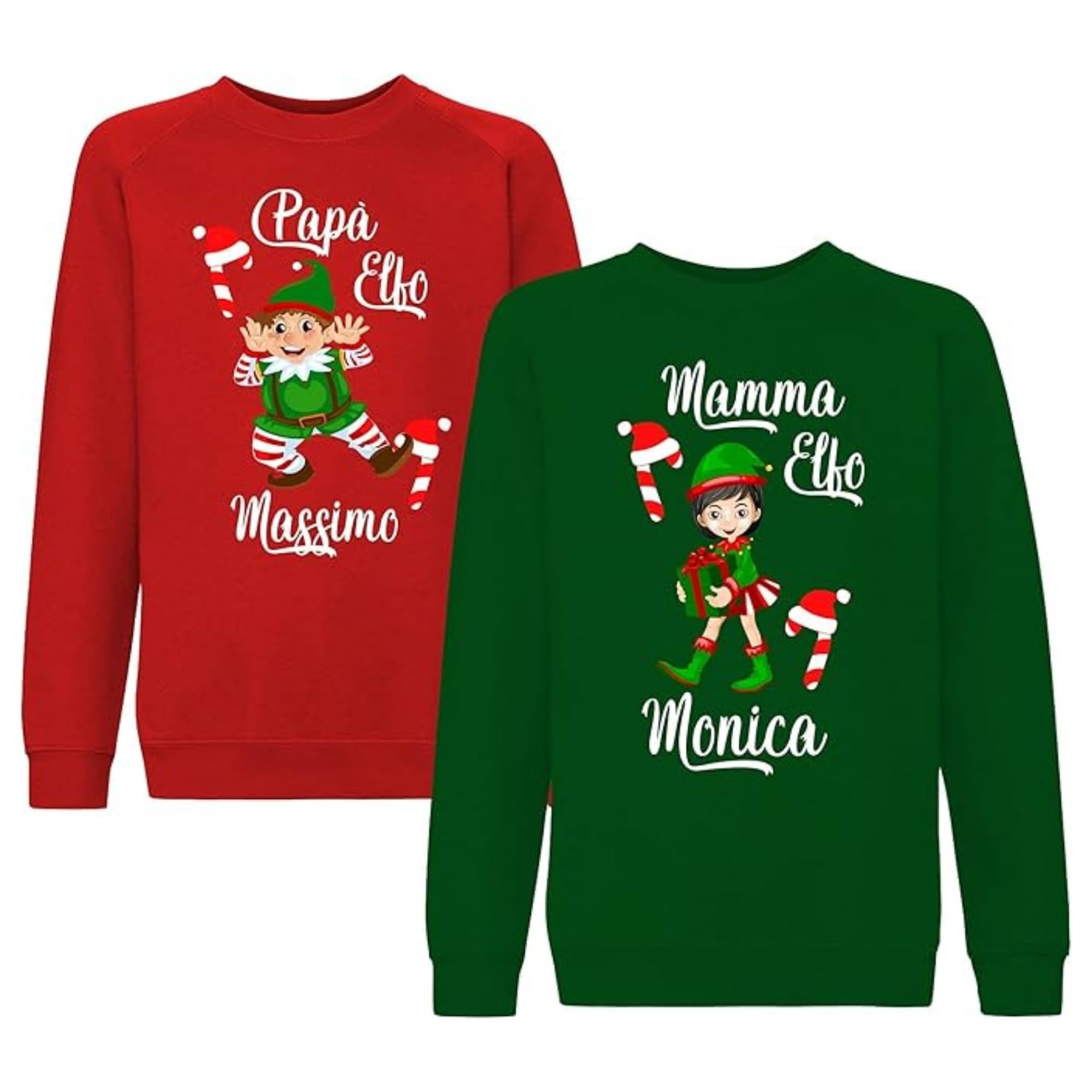 fashwork - Coppia Felpe Personalizzate Natalizie con Nome, Felpa Uomo e Donna Girocollo Rossa e Verde, Felpe Merry Christmas Idee per Regali Natale Originali