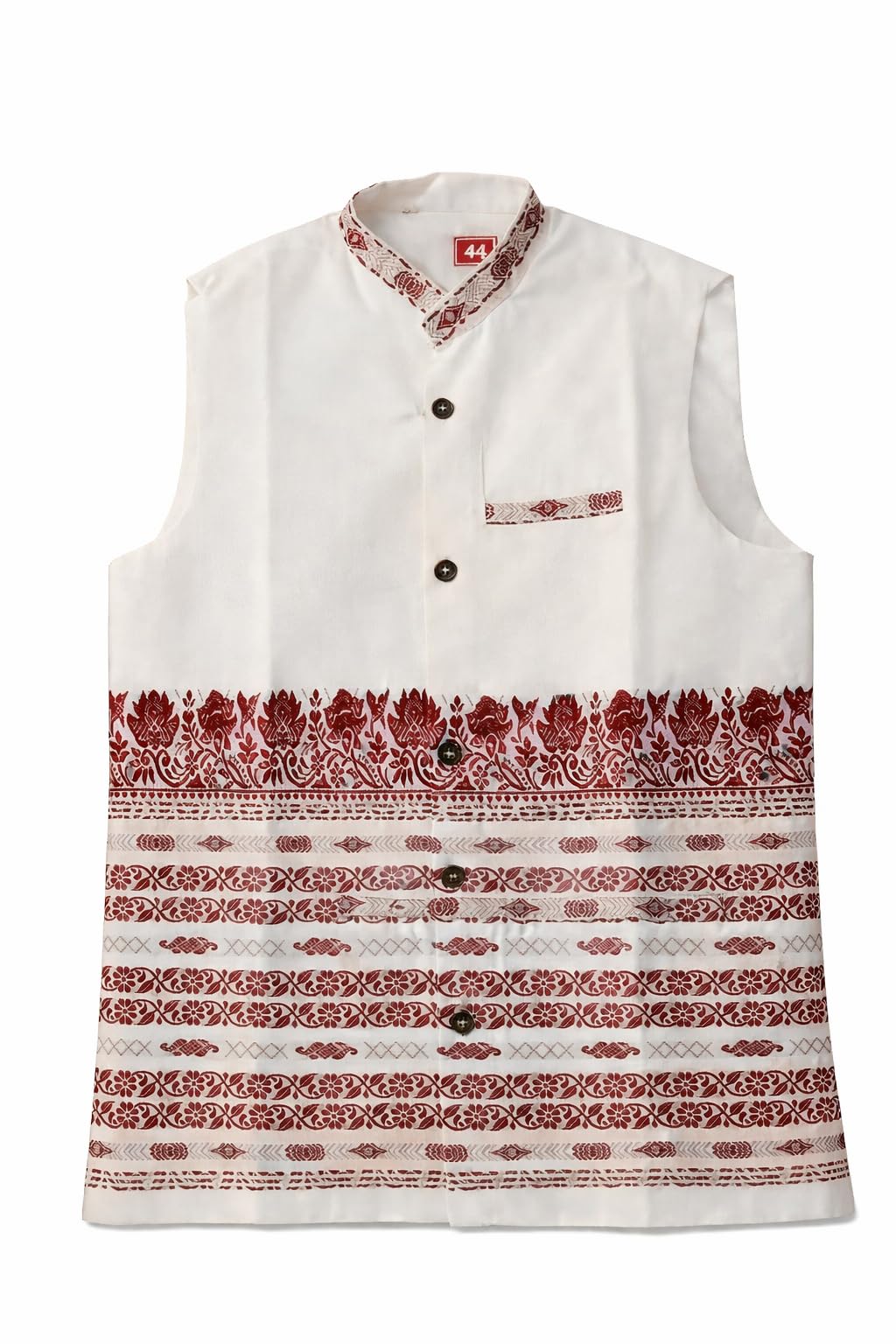 Traditional White Ethnic Nehru Jacket with Red Floral Border Print, Sleeveless Waistcoat, Size 44-picture-35