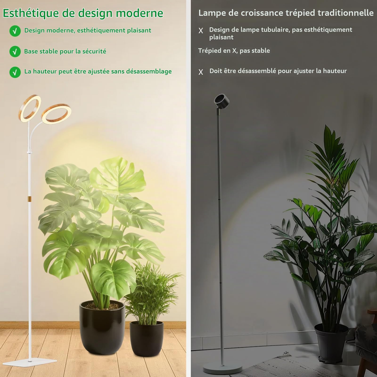 2 têtes Lampe de Croissance avec Support, Lampe Pour Plante à spectre complet pour plantes d'intérieur, Minuterie Automatique 6/12/18H, 42-155cm Einstellbare Höhe für hohe Pflanzen（Faux grain de bois）