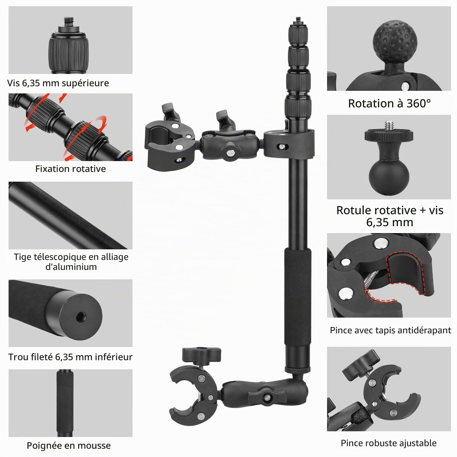 BRDRC Support de moto pour Insta 360 X4 X5, support de serrage de guidon de vélo, kit de perche à selfie invisible de 150 cm pour Insta360 X5 X4 X3 X2 X One, pour DJI OSMO 360, pour accessoires de