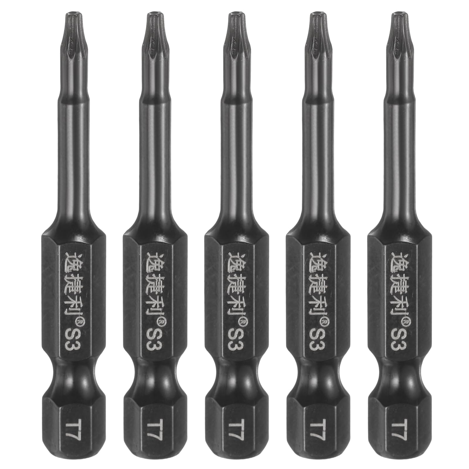 sourcing map 5pcs T7 Security Torx Head Screwdriver Bit 1/4" Hex Shank 2" (50mm) Long Magnetic Tamper Proof 6 Point Star Screw Driver Drill Bit S3 Steel Mirror Polished Power Tool with Hole