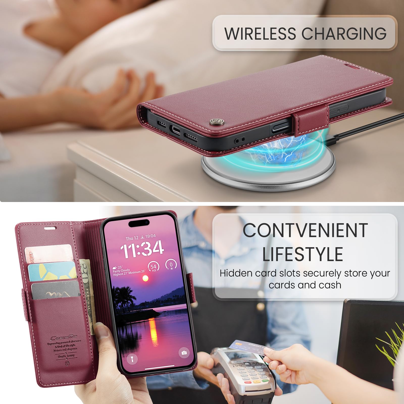 Etui do iPhone 16 Pro, wysokiej jakości skórzane portfela Case z [blokada RFID] stojak magnetyczne karty klapką ochrona obudowa Kompatybilne iPhone 16 Pro, Czerwony