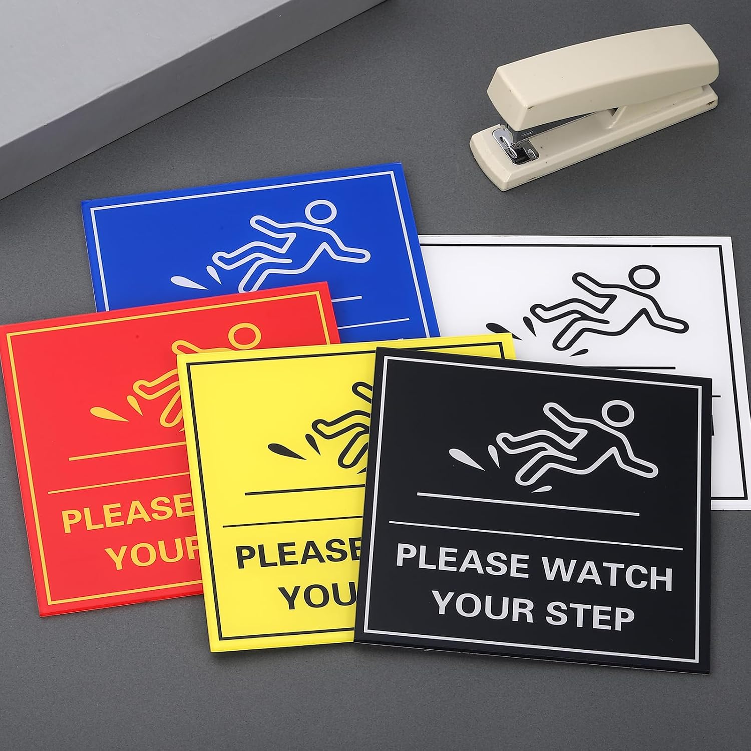 PATIKIL 6" x 6" Please Watch Your Step Sign, 1 Pcs Acrylic Warning Sign Self-Adhesive Easy Installation for Indoor Outdoor Home Business, Blue with White Text