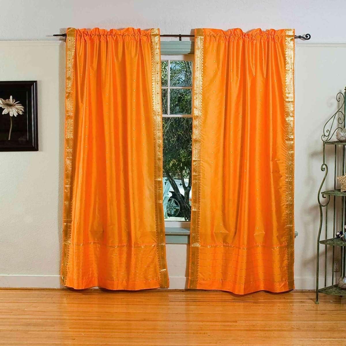 Rod Pocket Sari Curtain 80" W x 96" L - Handcrafted Pumpkin Indian Drapes, Unlined for Light & Airy Ambience, Ideal for Living Room/Bedroom, Sold in Pairs