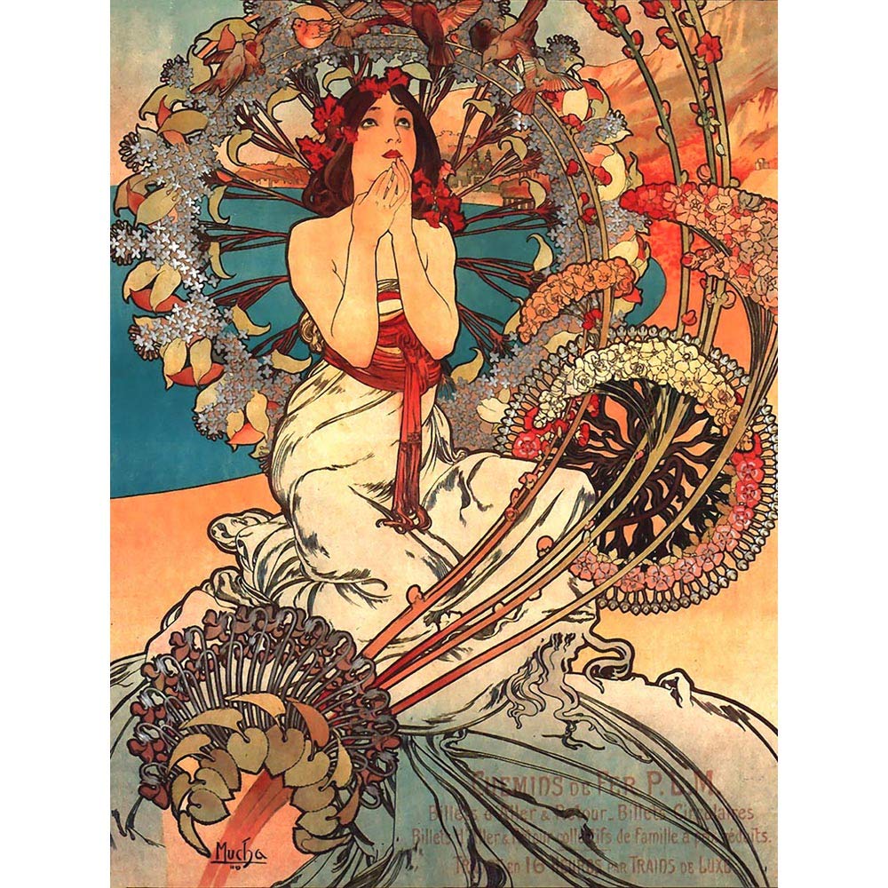 Wee Blue Coo Painting Mucha Nouveau Woman Spring Floral Art Print Poster Wall Decor 12X16 Inch