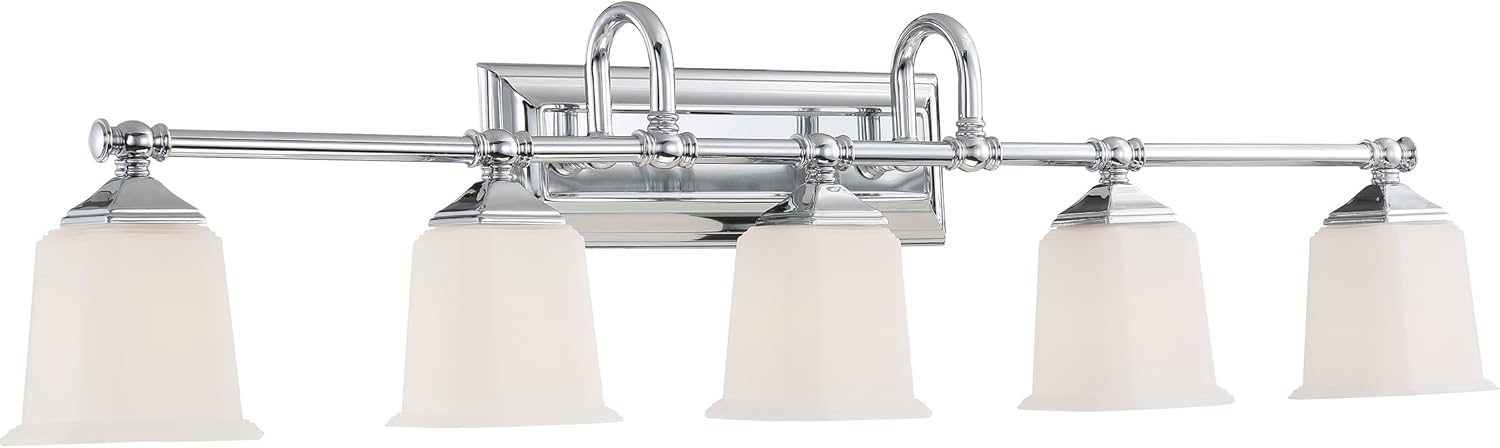 Quoizel Nicholas Vanity Lights, 42 Inch 5-Light Polished Chrome Bathroom Lighting Fixtures Over Mirror, 100W, Opal-Etched Frosted Glass, Mid-Century Wall Mount Light for Bathrooms, Kitchen or Hallway