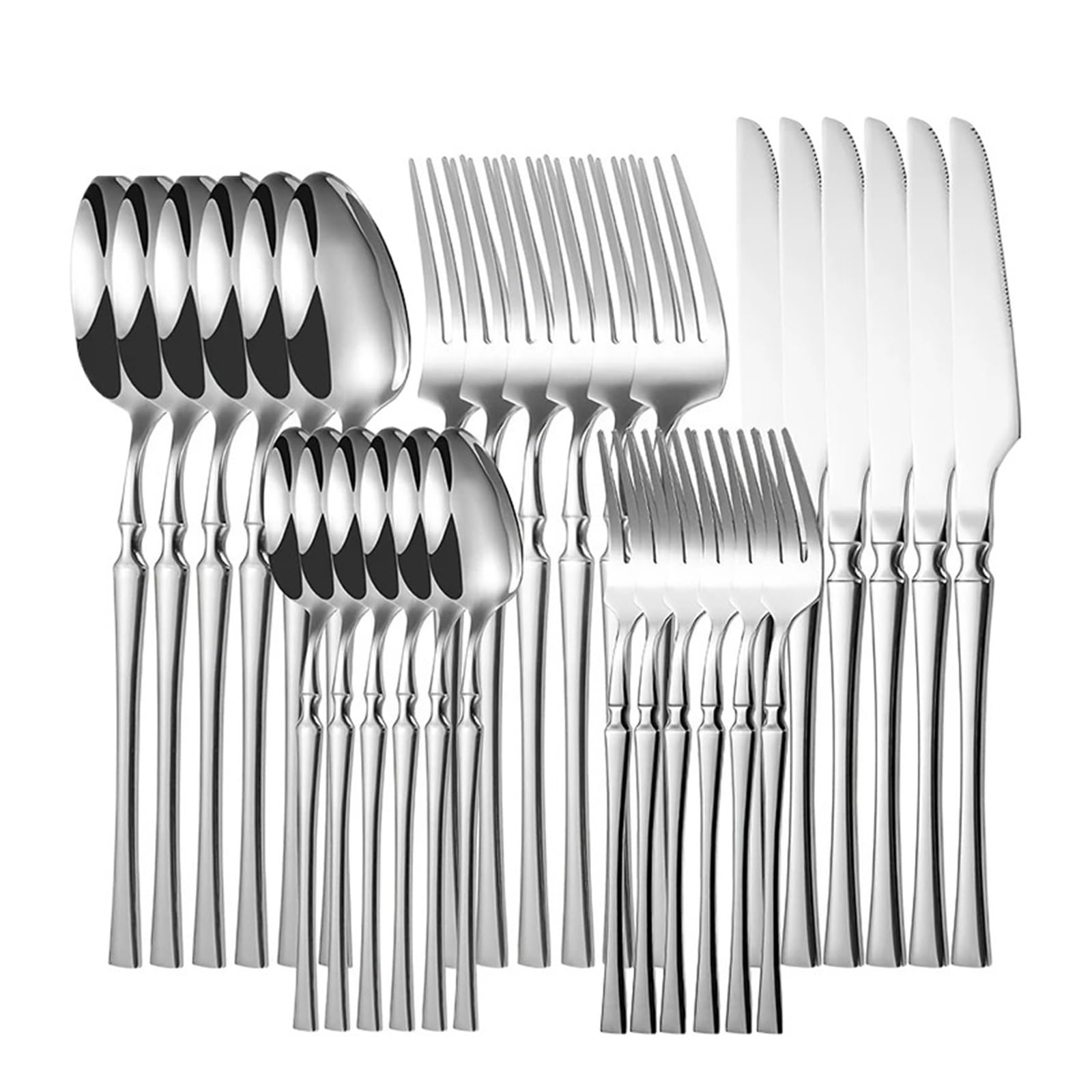 Juego de cubiertos de acero inoxidable de 24 piezas, acabado plateado | Set de vajilla con cuchara, tenedor y cuchillo para hogar y comedor comercial(30pcs silver)
