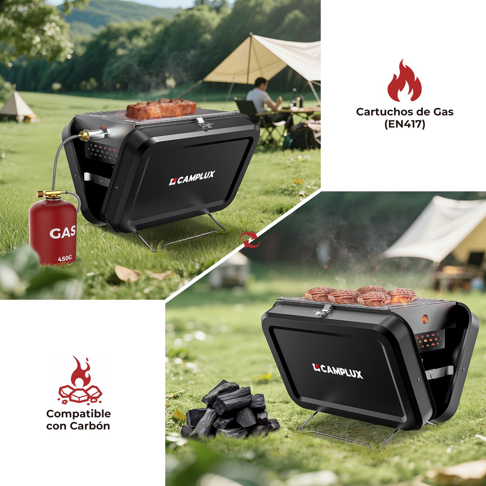 CAMPLUX FoldGo Parrilla a Gas Portátil, 2-in-1 a Gas y Carbone, FG16GB | 2 kW, Rejilla 32x23,5 cm, Diseño Plegable Compacto, Ideal para Camping, Jardín, Balcón y Viajes