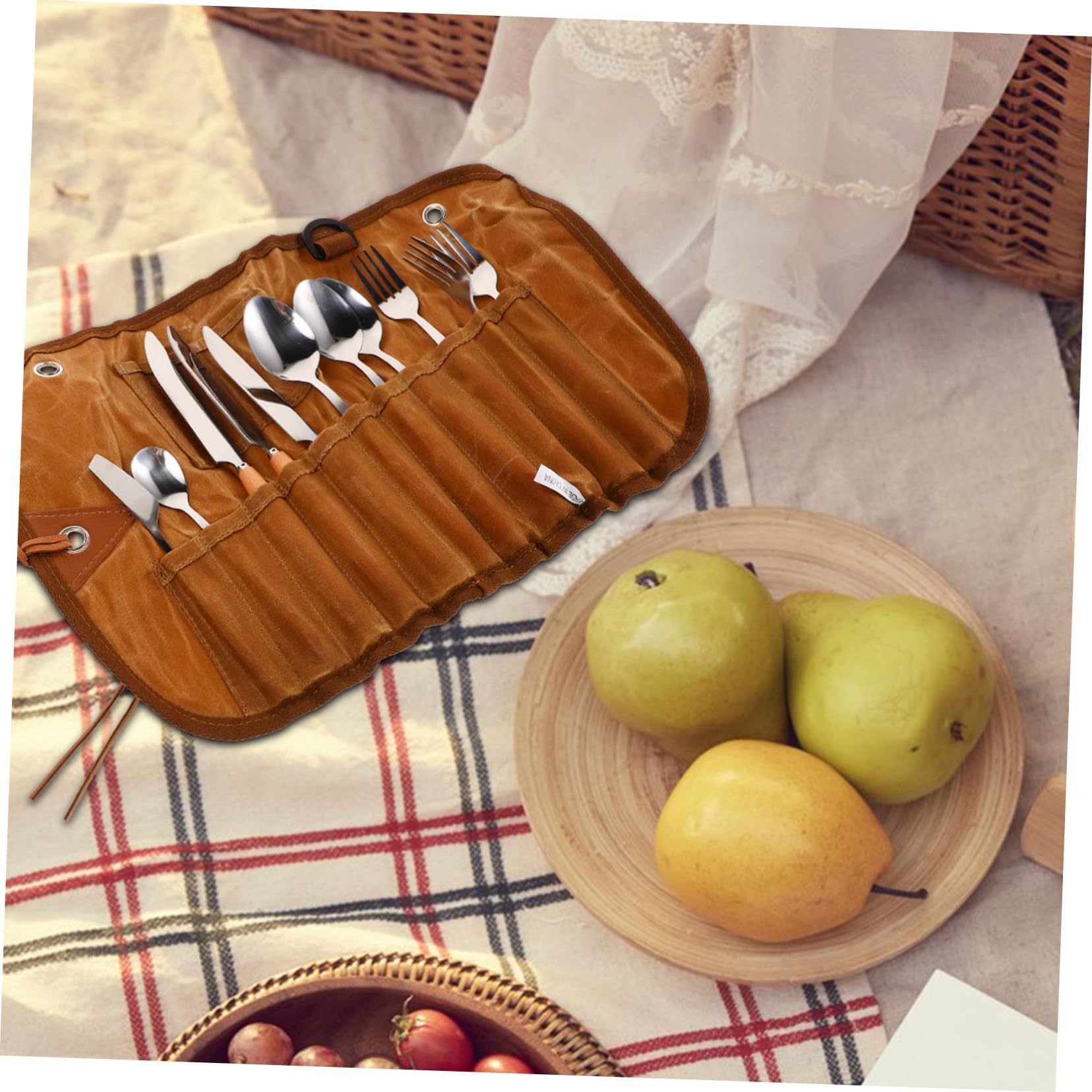 Outdoor Besteck Satz für 3 Personen mit Bestecktasche aus Edelstahl | Braun, Überwachstes Canvas und Nylon, mit Löffeln und Gabeln, für Reisen und Campingtouren
