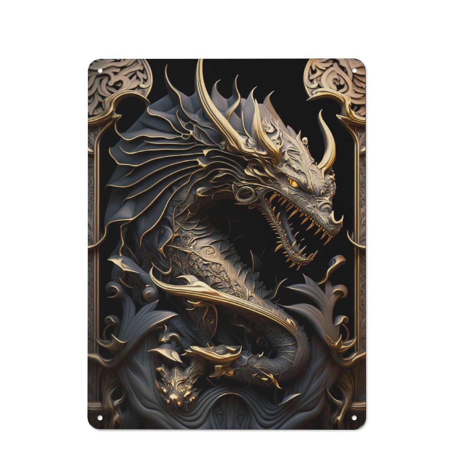 Junmoney Style-19 Metal Wall Sign 40X30cm Featuring Dragon Emperor Art Deco For Hallway Wall, For Hallway Decor Lovers, For Retro Home Interiors