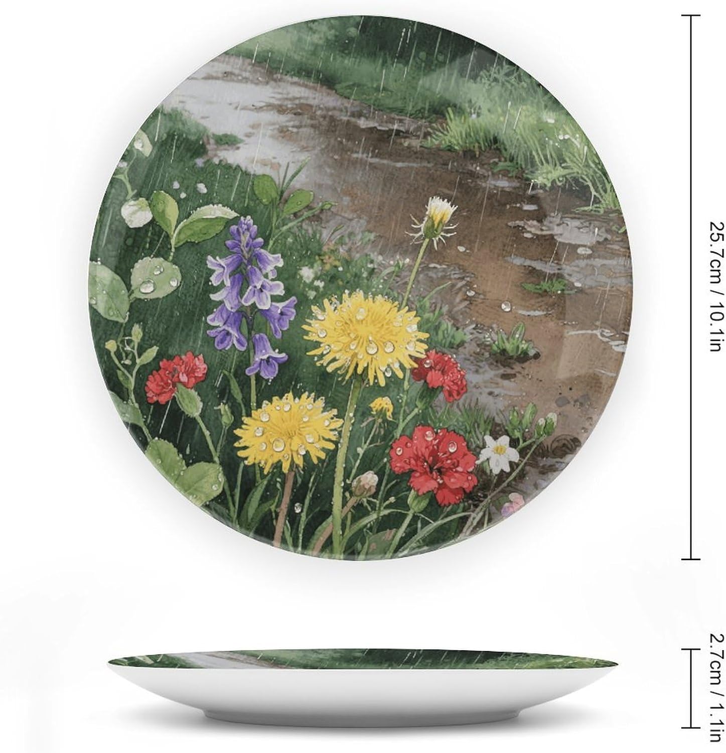 Wildflowers Daisy Ceramic Plate 10inch Decorative Bone China Wall Hanging Ornament Plates Bohemian Style Dinner Plate with Display Stand Cabinet Display Plates for Home Art Decor
