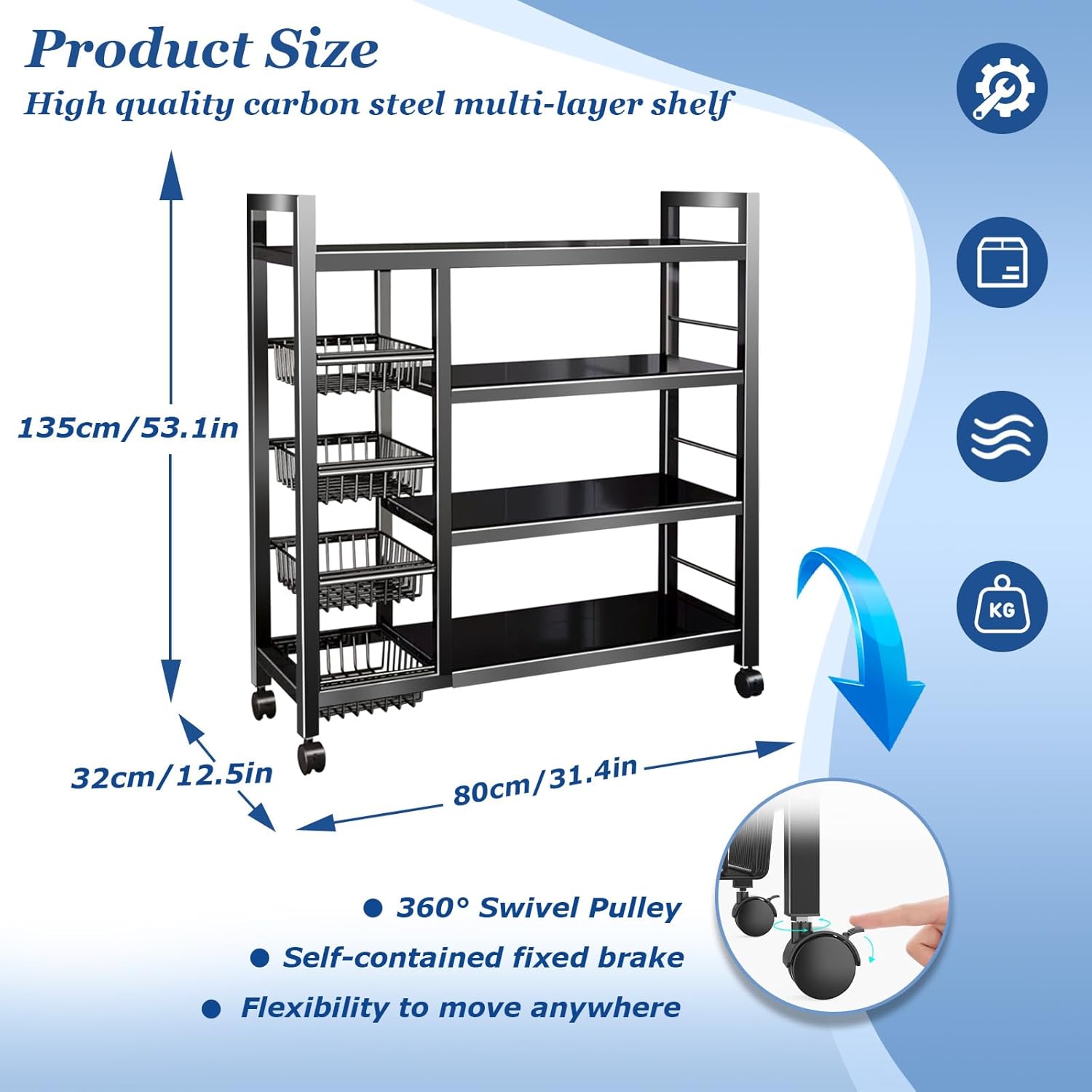 Kitchen Storage Cart, Rolling Snack Cart, 23.6W 4 Tier Fruit Basket Stand, Metal Pantry Storage with Stackable Wire Basket, Black (4Tier3basket)