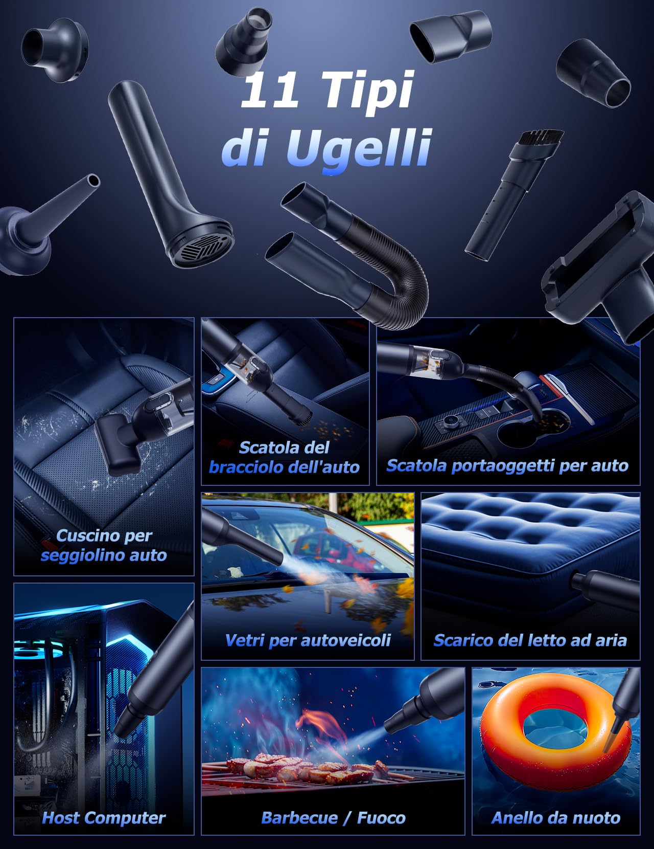 Aspirapolvere Auto, Aspirabriciole Senza fili 16000 PA, Aspirapolvere per Auto Regolazione a 2 Velocità, 9 In 1 Aspirabriciole con Motore Brushless per Divani, Auto, Cucina, Computer, Tavolo