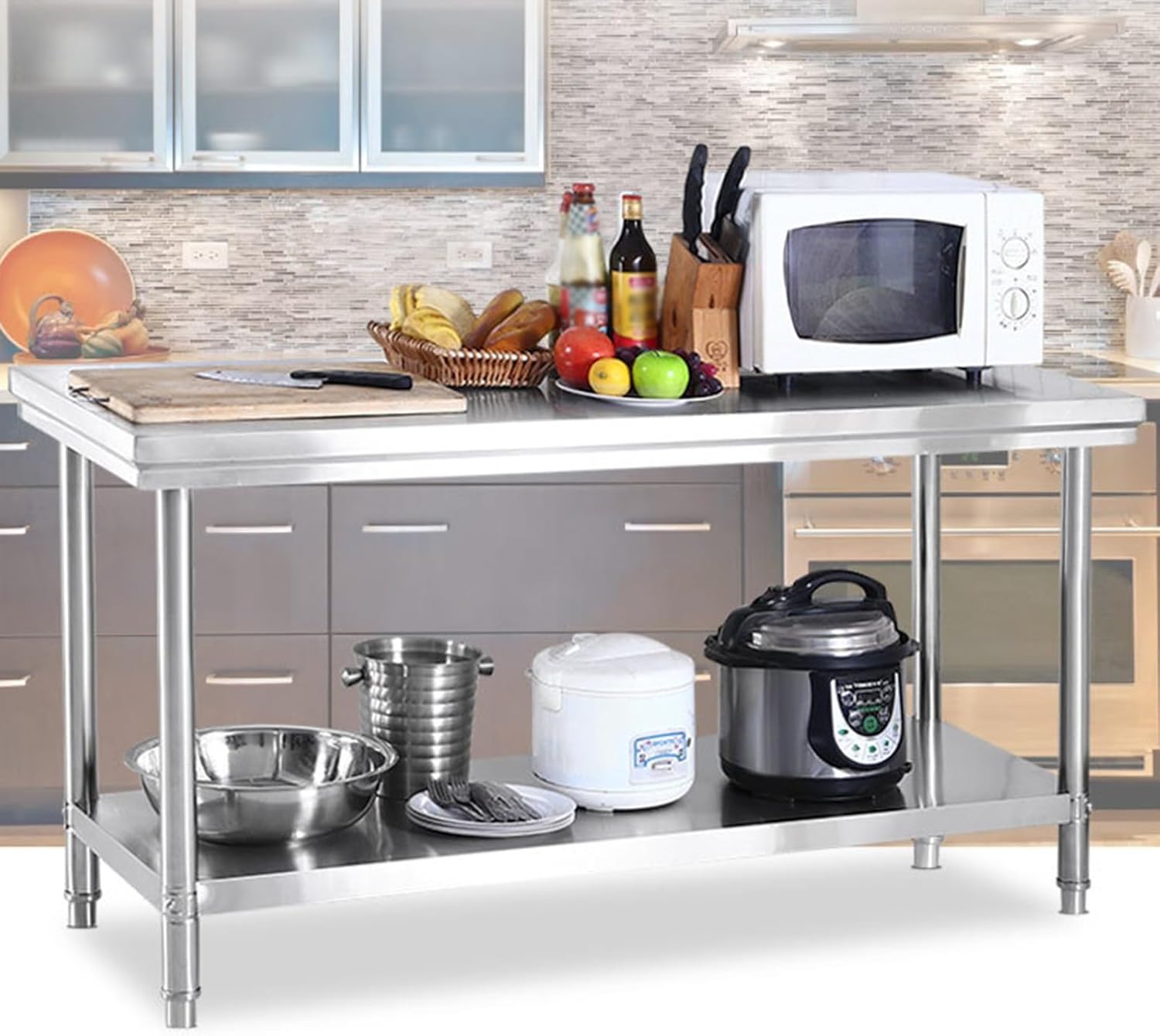 Stainless Steel Workbench Triangular Structure Solid Preparation Table Multifunctional Double Storage Racks Chopping Board Commercial Kitchen Workbench for a Wide Range of Applications