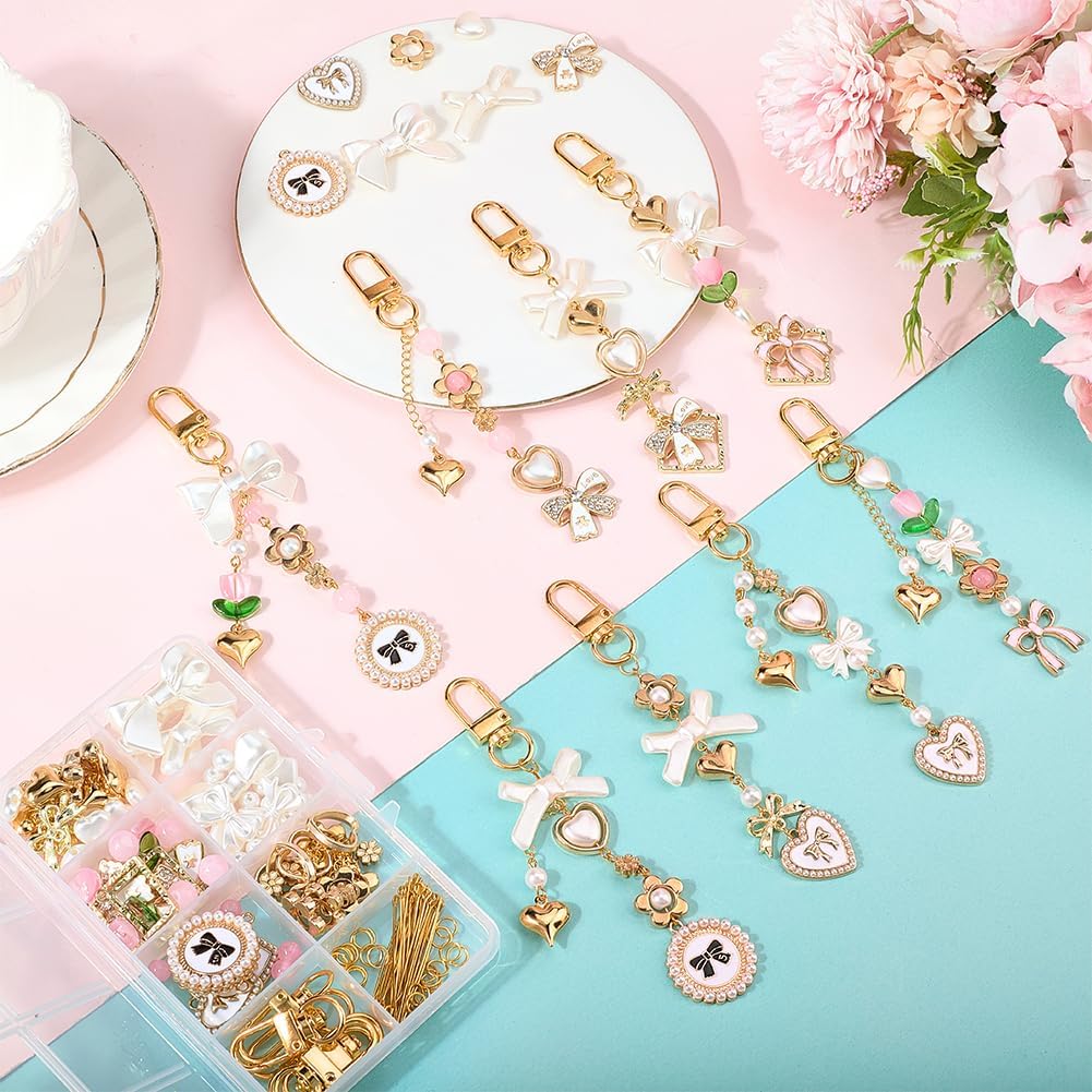 SUNNYCLUE 1 Box 156Pcs DIY 8 Sets Keychain Making Kit Bows Key Chain Charm Bead Kit Bowknot Beads Bulk Imitation Pearls Flower Bow Heart Swivel Key Rings for Jewelry Making Crafts Keyrings Supplies - Image 4