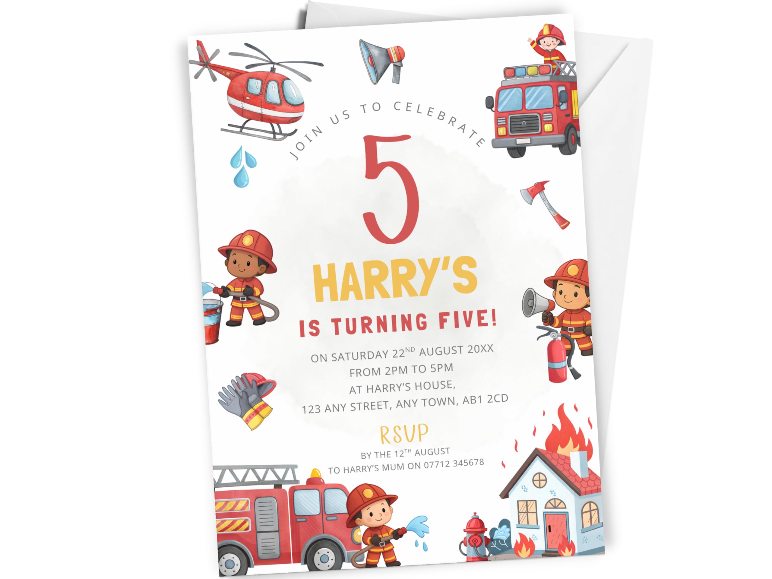 10 x Personalised Firefighter Boys Birthday Party Invitations with envelopes, Boy's Fire Truck Themed Birthday Invites, Fire Engine Invites, Fireman Party, Emergency Vehicles Invitation