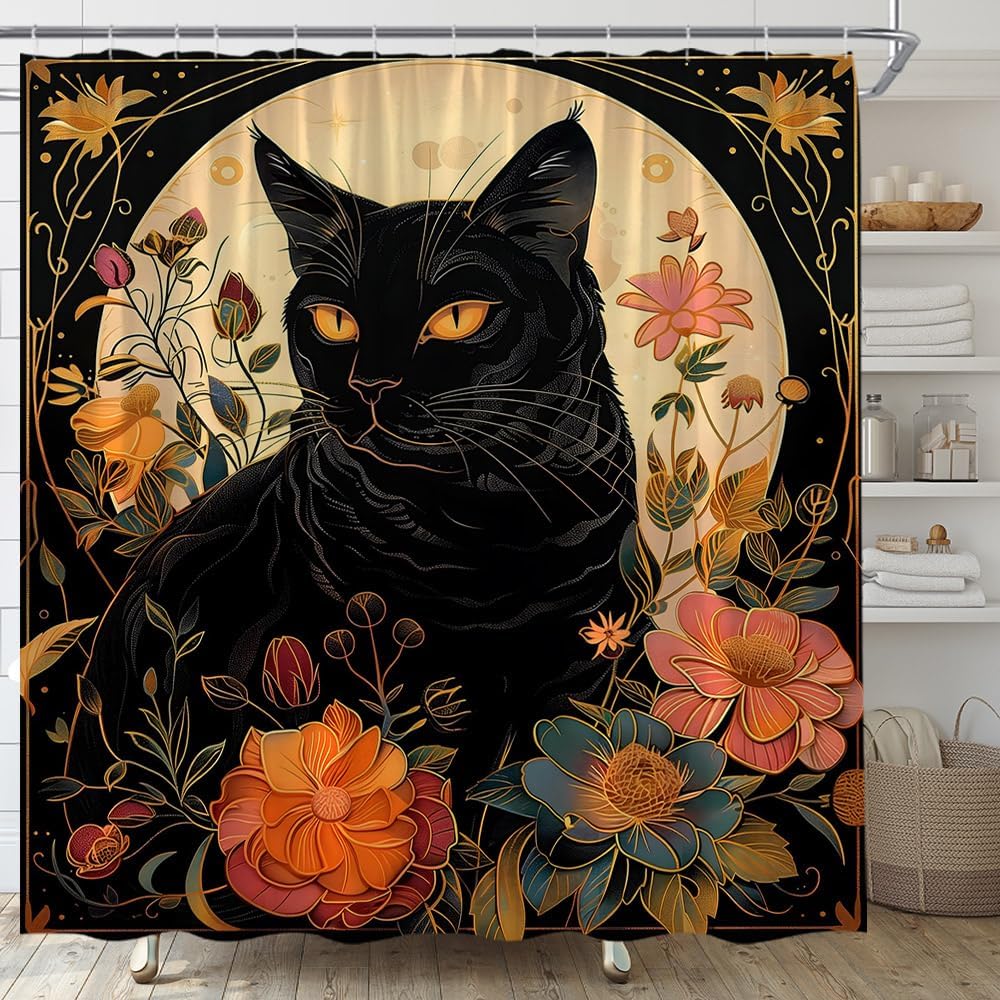 Black Cat Shower Curtain Boho Floral Vintage Flower Retro Aesthetic Mystic Witchy Moon Abstract Bathroom Curtain Set with Hooks(91" Wx70 H)