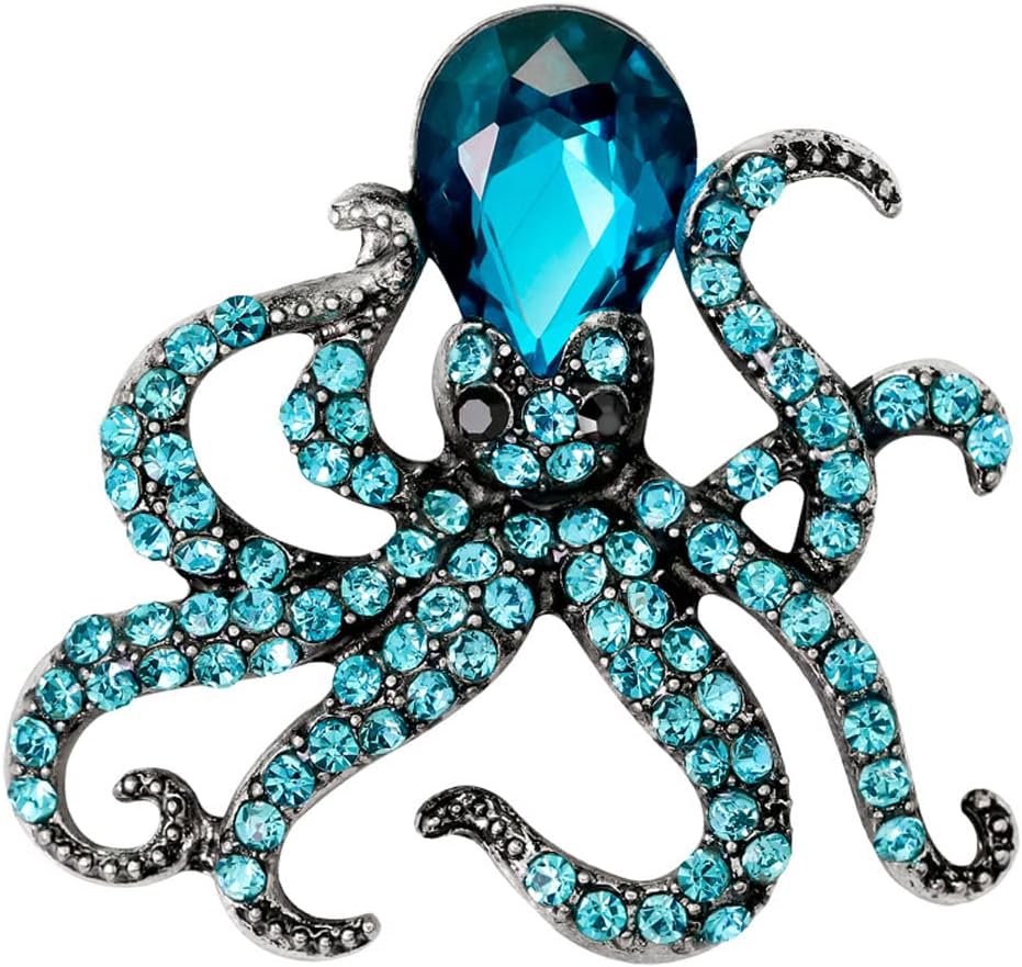 Gyn&JoyAntique Silver Tone Blue Green Colored Crystal Rhinestones Octopus Brooch Pin