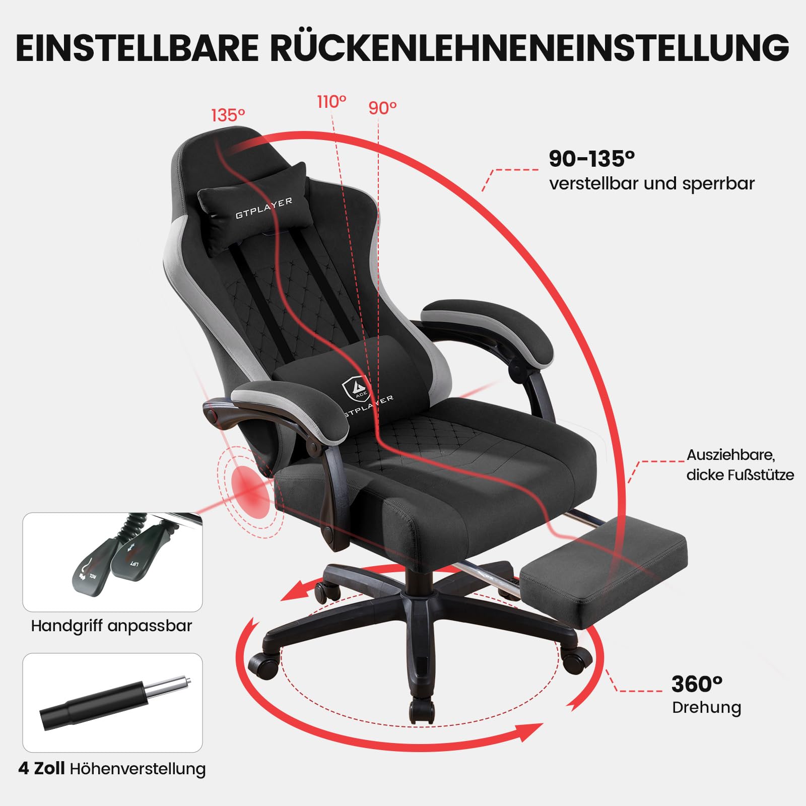 GTPLAYER Gaming Stuhl Stoff, Gaming Sessel mit Taschenfederkissen, ergonomischer Drehstuhl, Gamer Stuhl mit Fußstütze150 kg Belastbarkeit, schwarz
