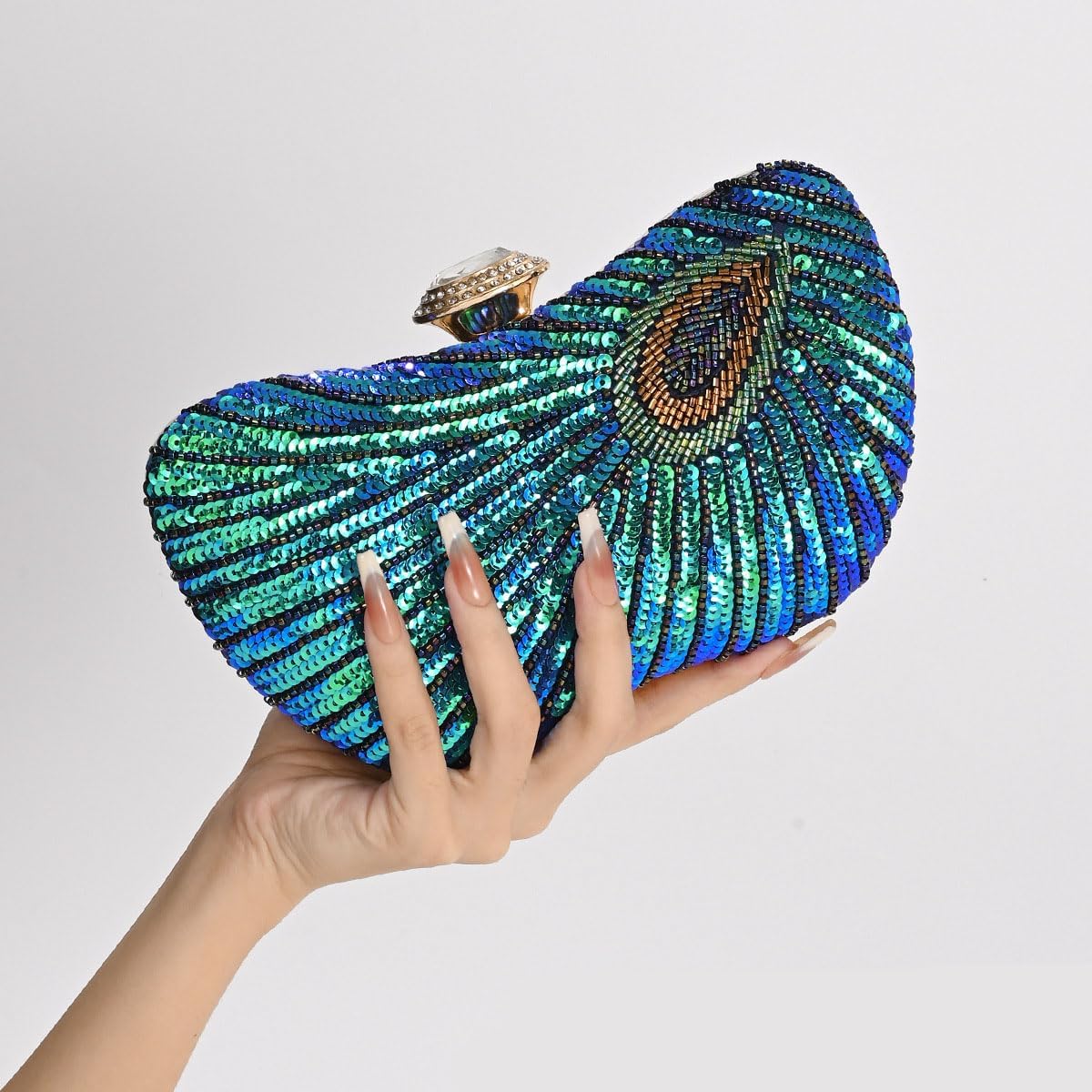 Peacock Clutch Purse Evening Handbags for Womens Vintage Crossbody Shoulder Bags Sequin Feather and Detachable Chains