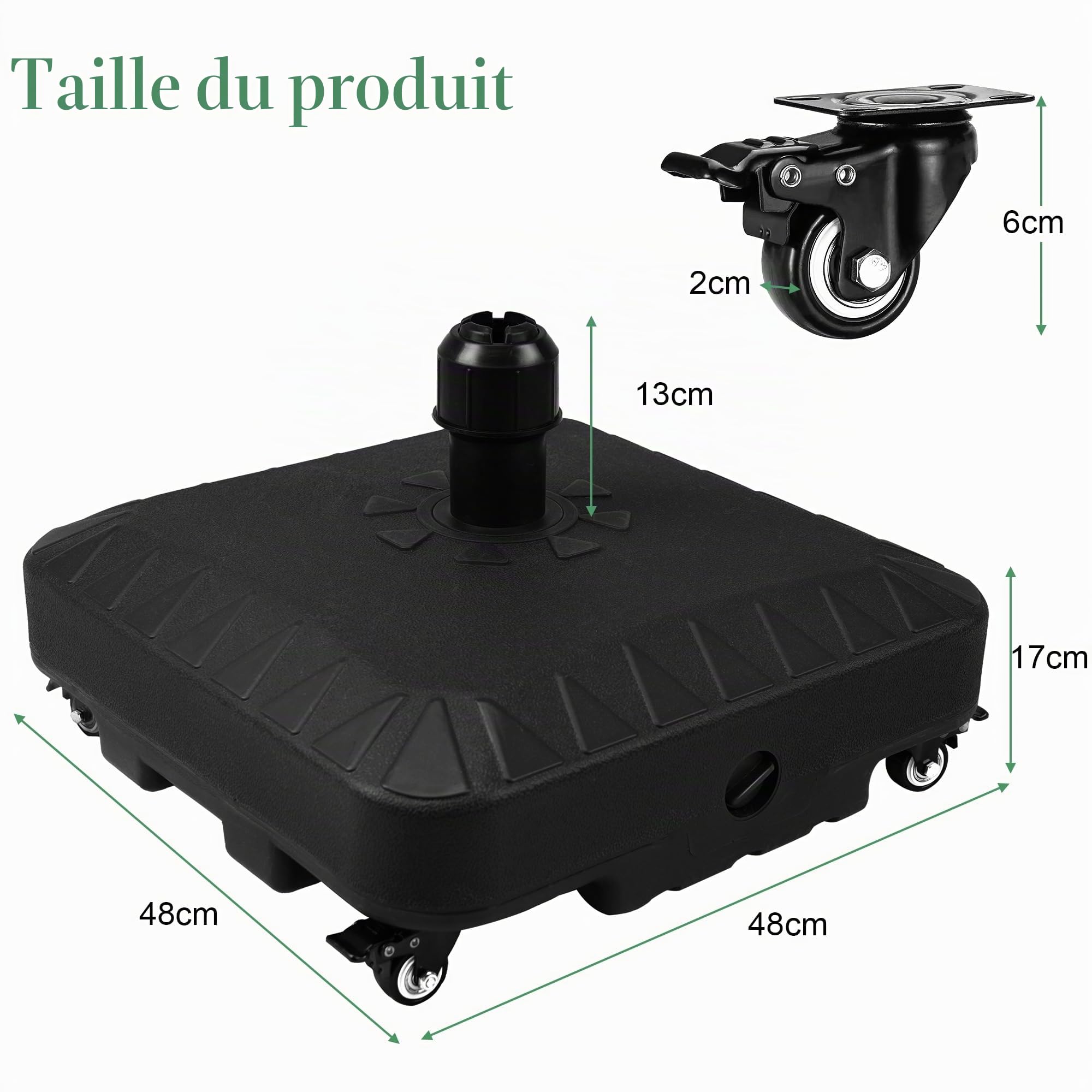 Pied de parasol de qualité supérieure avec roulettes - 20 l - Remplissable avec de l'eau/sable, poids de parasol pour parasol déporté et parasol de marché, support de parasol stable pour