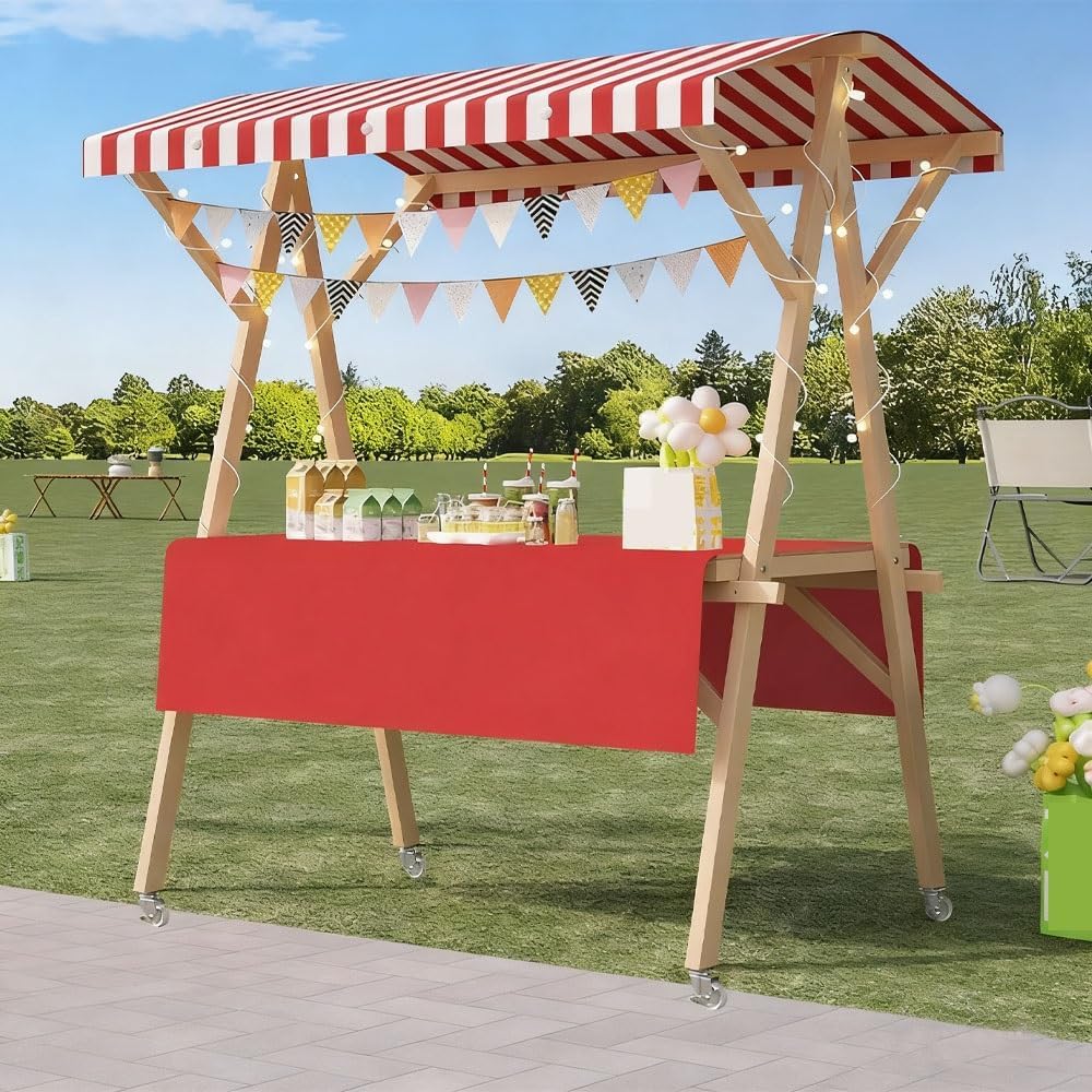 Wood Street Food Truck, Mobile Food Carts with Wheels, Market Farmers Market Stand, Foldable Hot Dog Stand, Food Vendor Cart for Craft Shows, Outdoor Vendor, Flower Cart(Red,120CM/47.2IN)