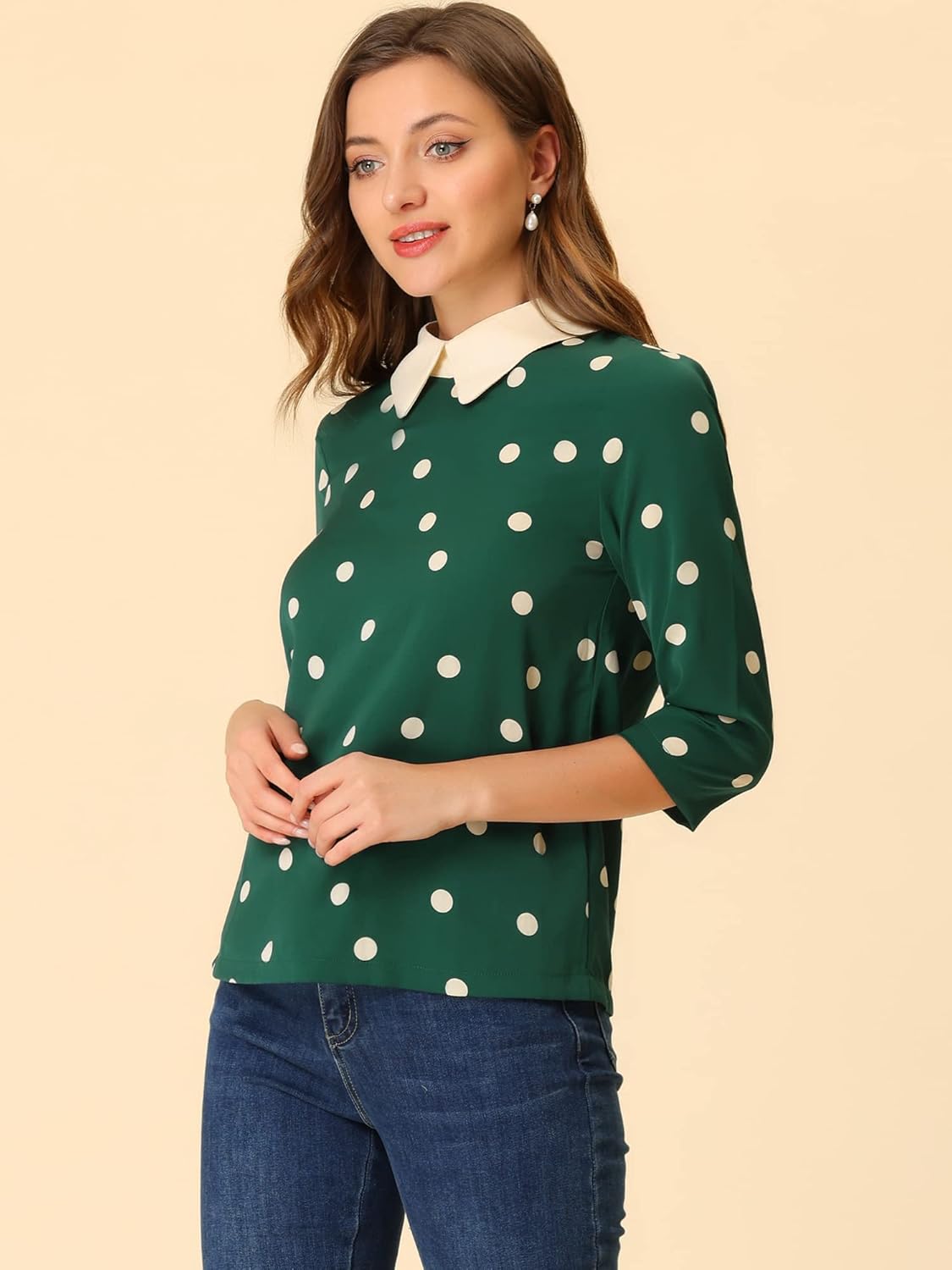 Allegra K Women's Polka Dot Top Casual Peter Pan Collar Blouse 3/4 Sleeve Tops Spring Summer Clothes - Image 3