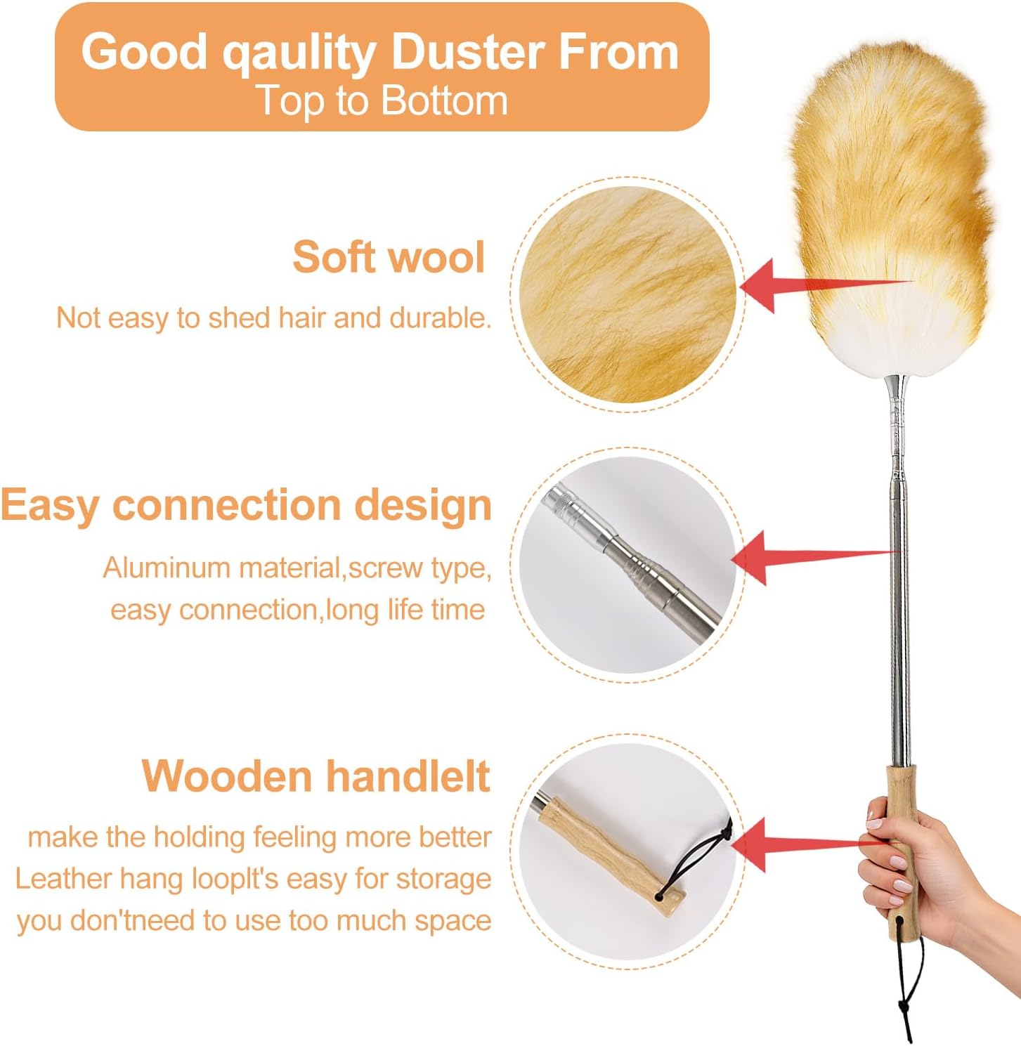 Extendable Lbswool Feather Duster 31-88 Inch, Anti-Static Wool Duster